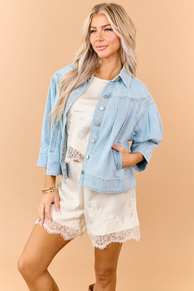 Risen Light Wash Pleated Denim Button Down Jacket