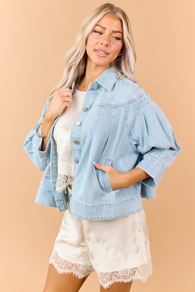 Risen Light Wash Pleated Denim Button Down Jacket