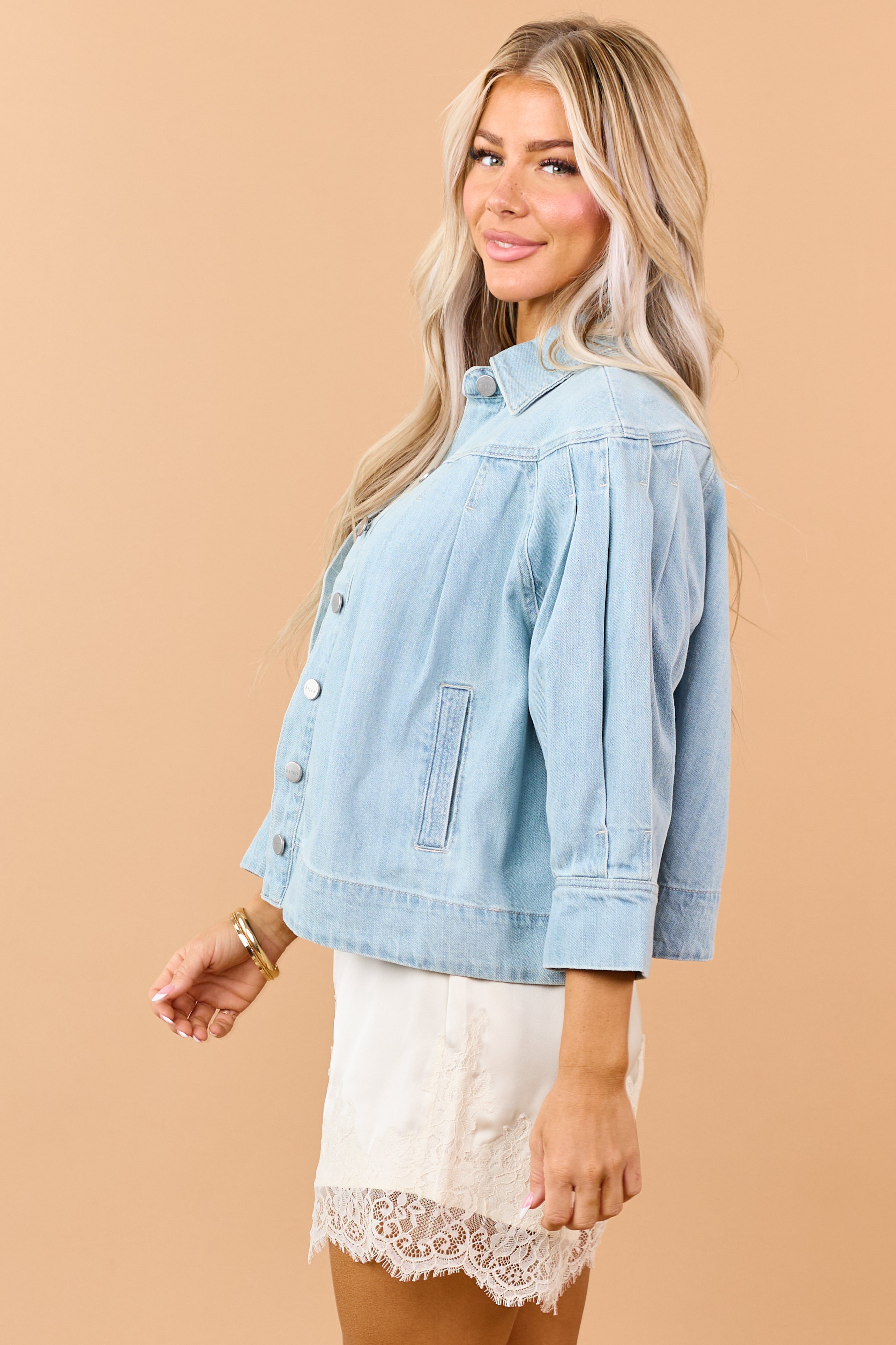 Risen Light Wash Pleated Denim Button Down Jacket