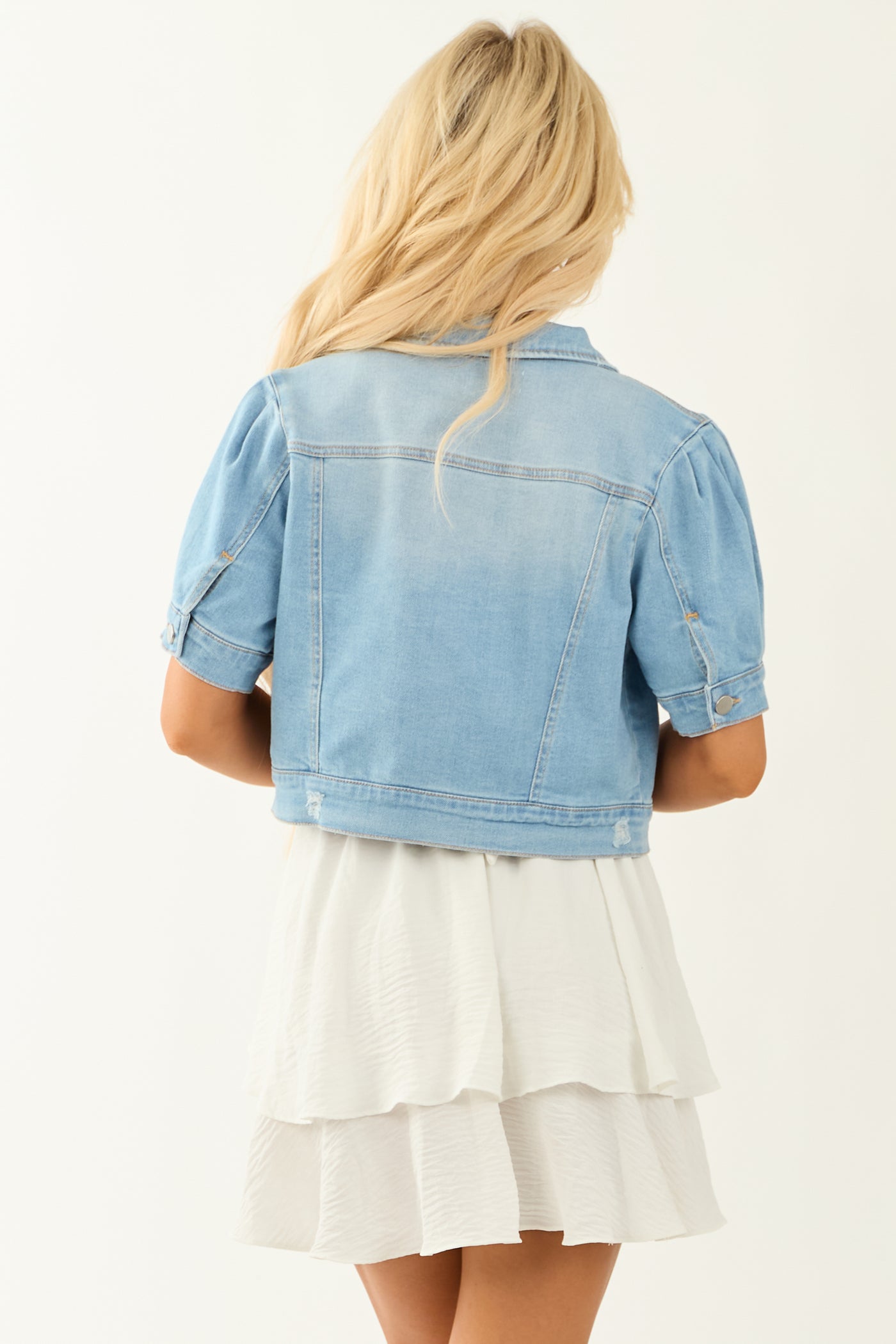 Risen Light Wash Pleated Puff Sleeve Denim Jacket
