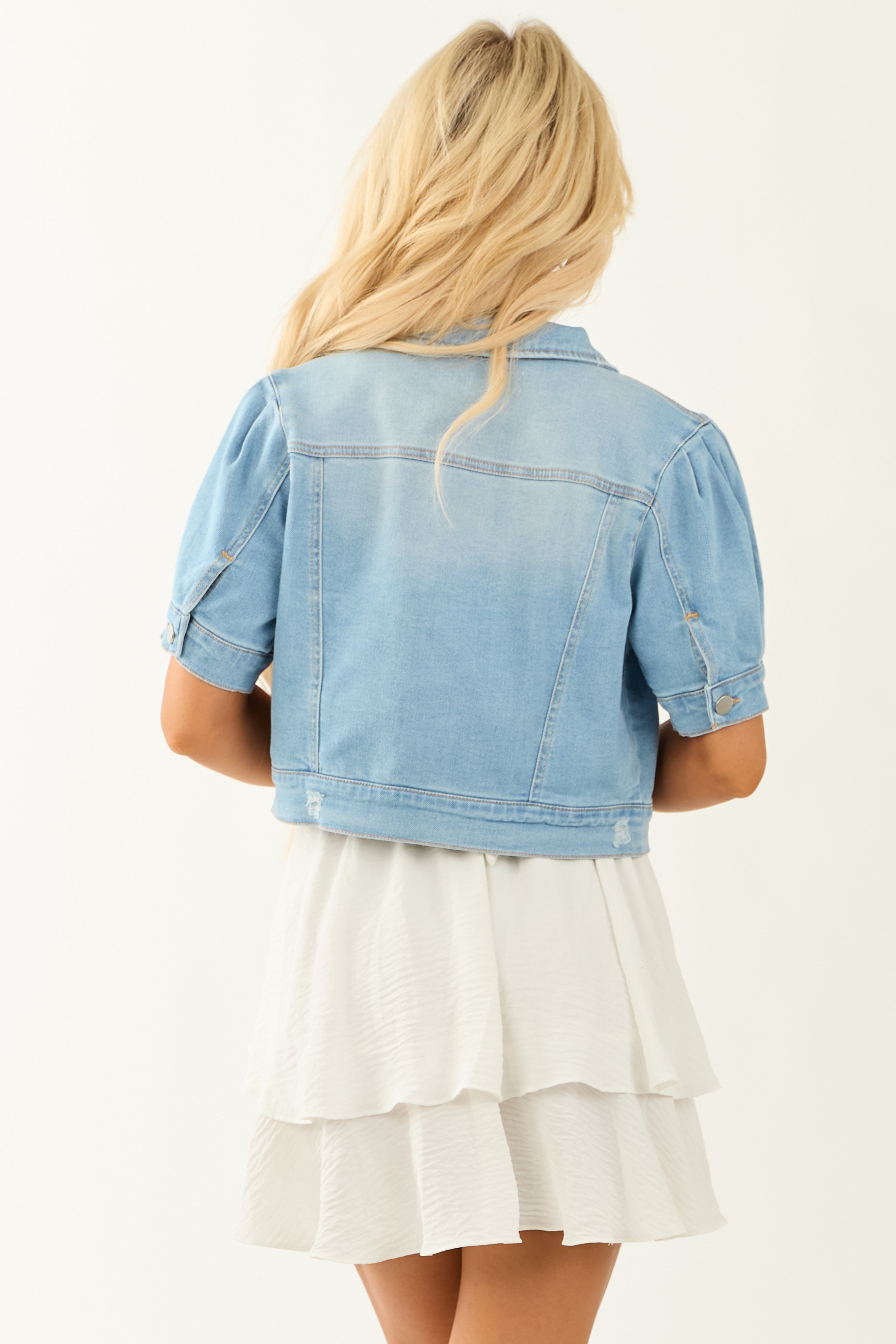 Risen Light Wash Pleated Puff Sleeve Denim Jacket