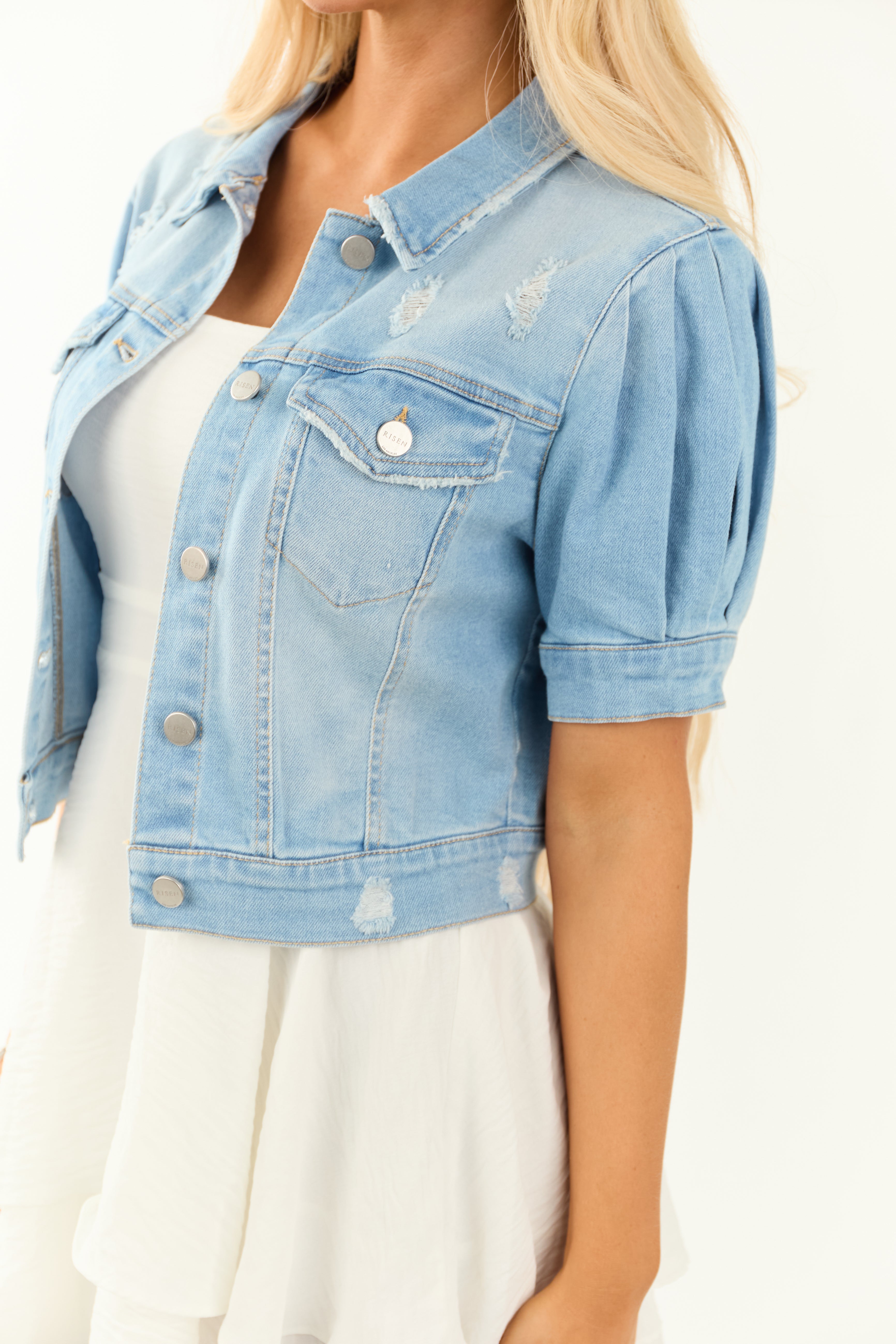 Risen Light Wash Pleated Puff Sleeve Denim Jacket