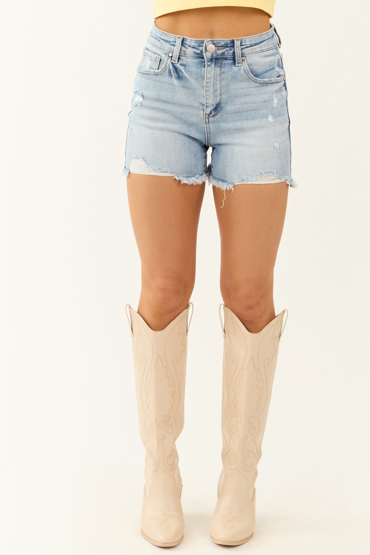 RISEN Full Size Distressed Rolled Denim Shorts with Pockets