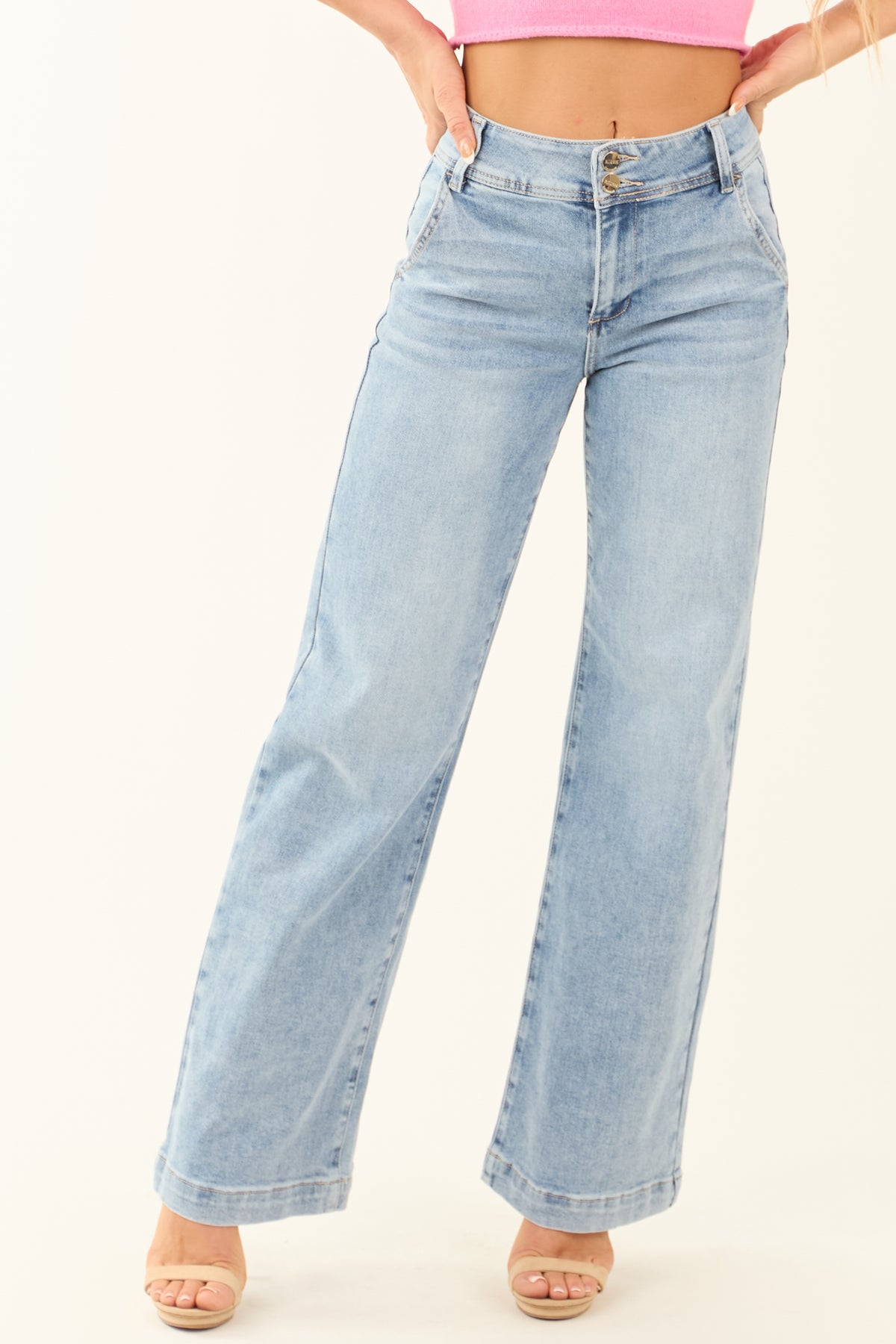 Risen Light Wash Stretchy Double Button Wide Leg Jeans | Lime Lush Boutique