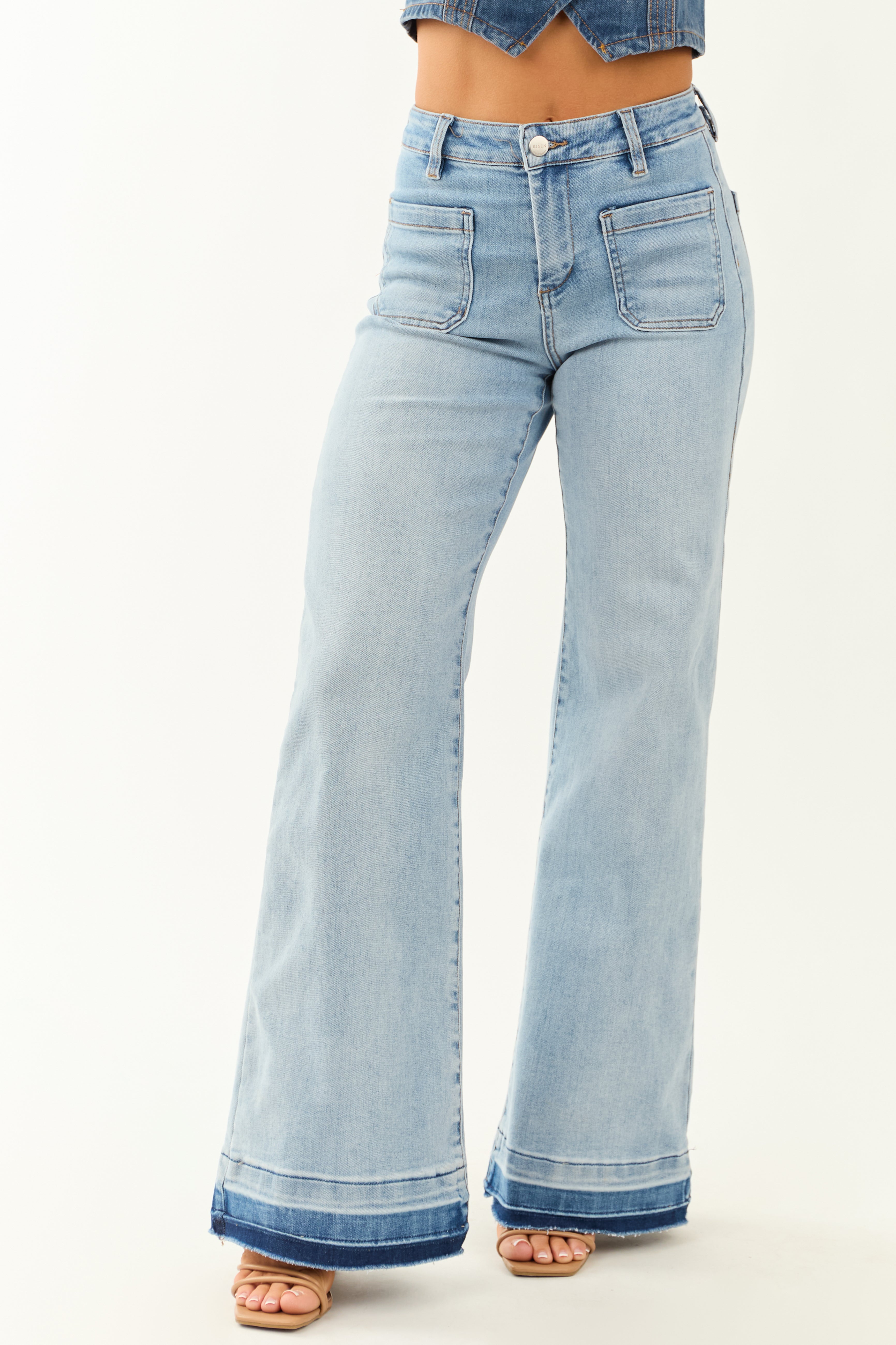 Risen Light Wash Stretchy Ombre Hem Wide Leg Jeans | Lime Lush