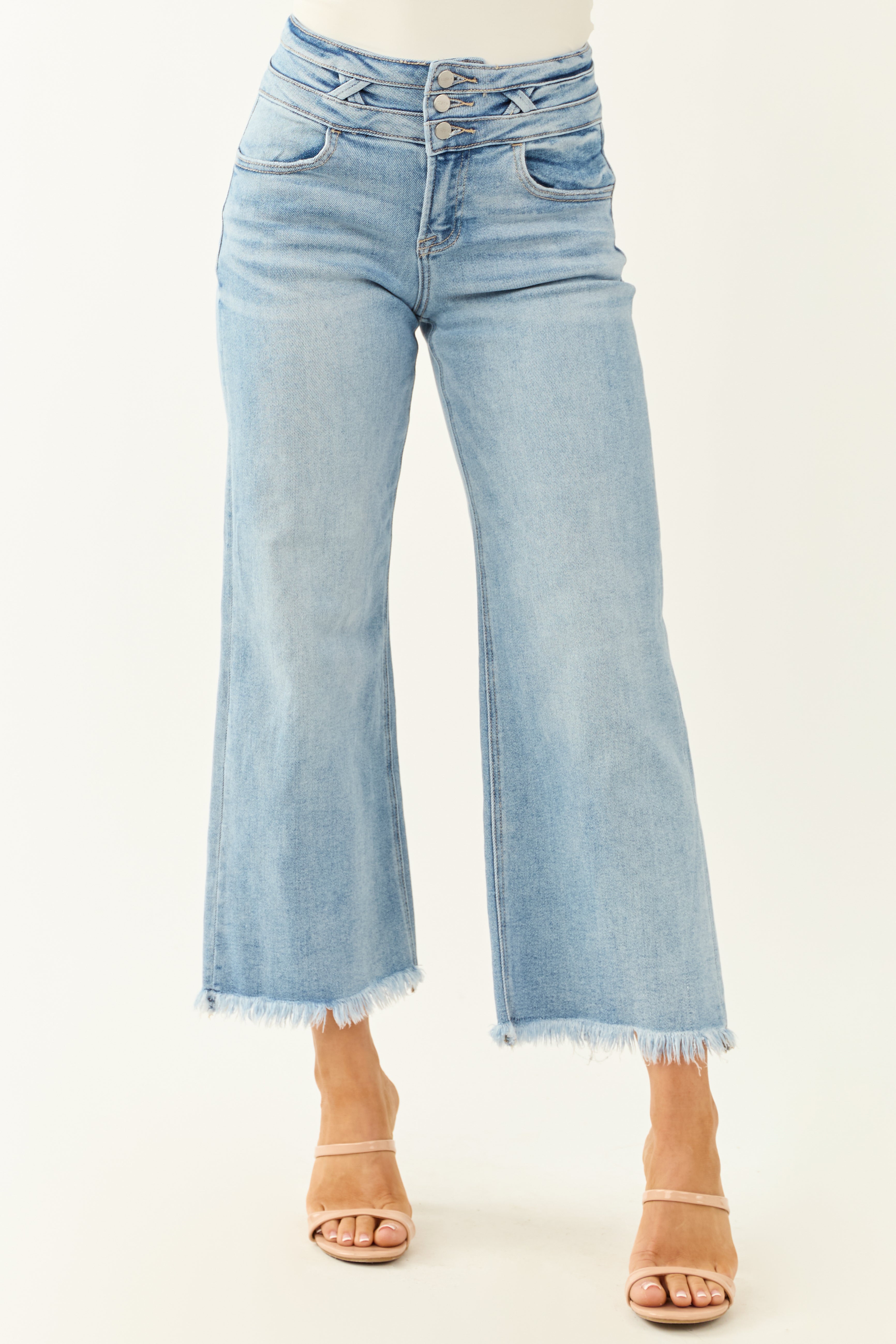 Risen Light Wash Stretchy Wide Leg Cropped Jeans | Lime Lush Boutique