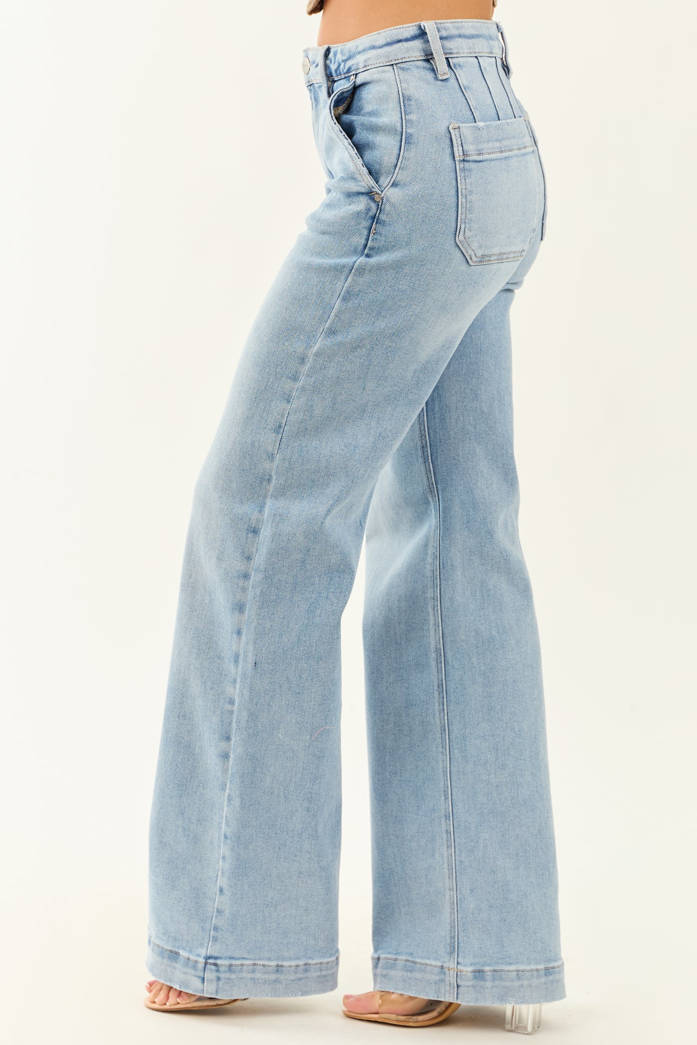 Risen Light Wash Stretchy Wide Leg Jeans