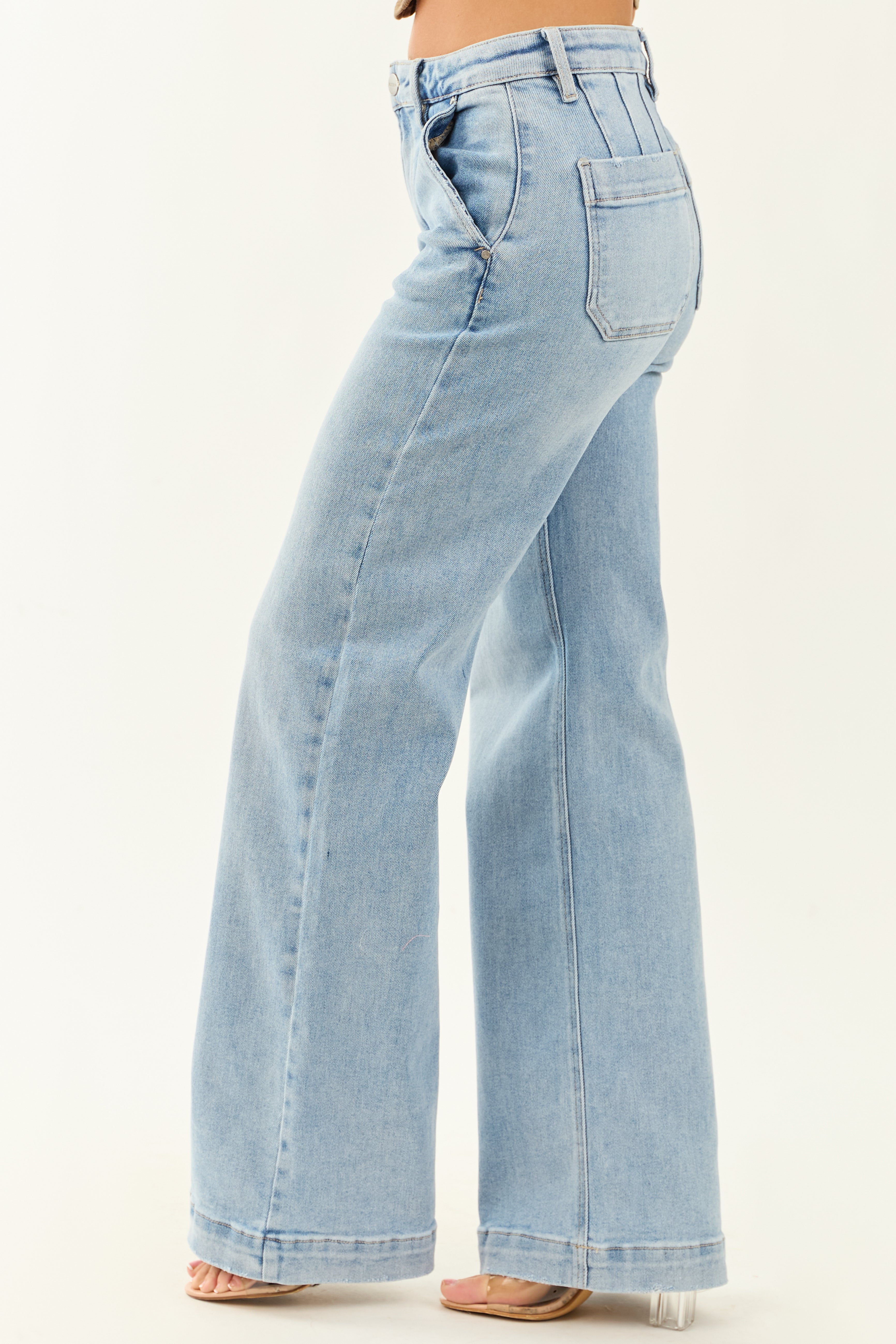 Risen Light Wash Stretchy Wide Leg Jeans