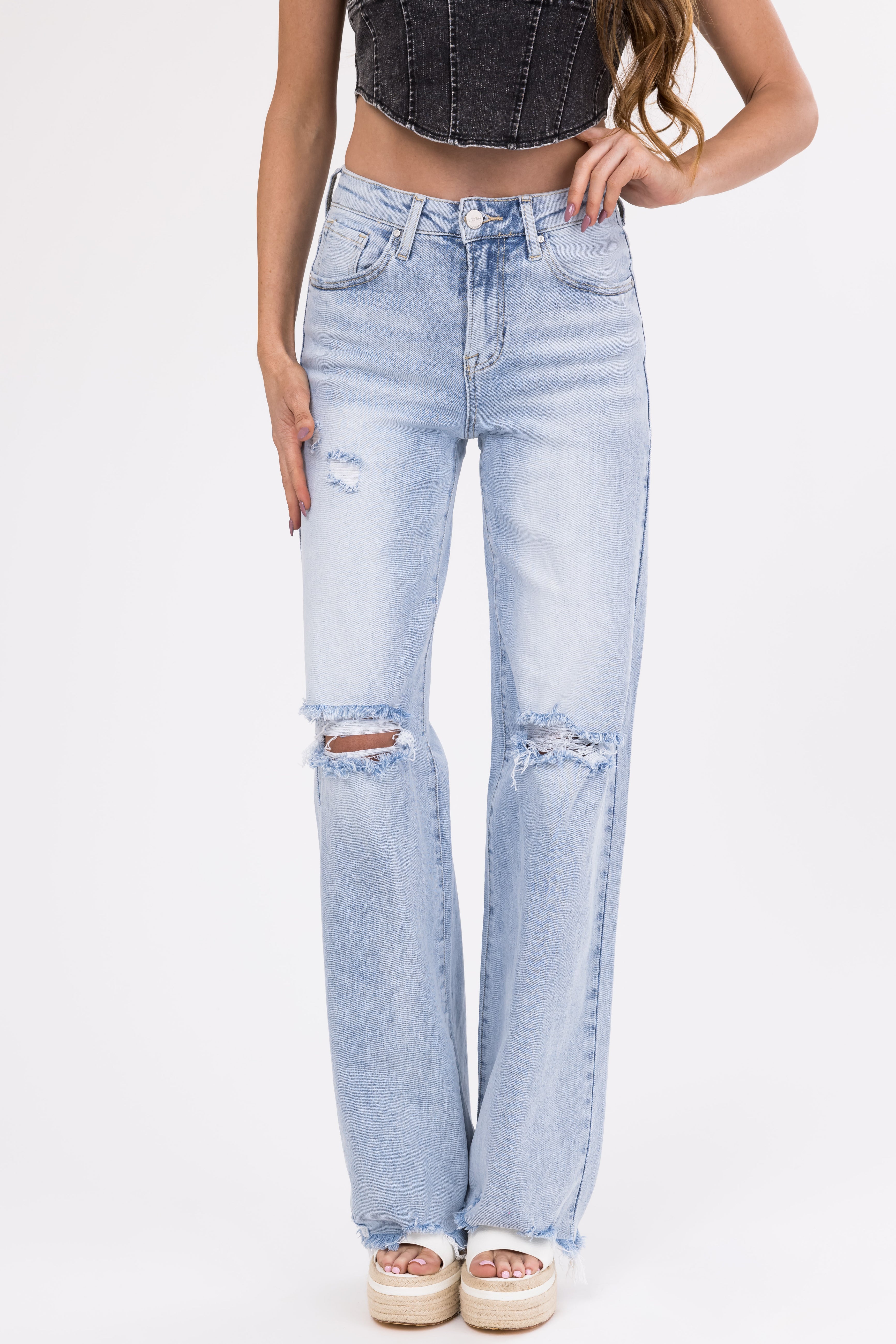 Risen Light Wash Wide Leg Ripped Jeans | Lime Lush Boutique
