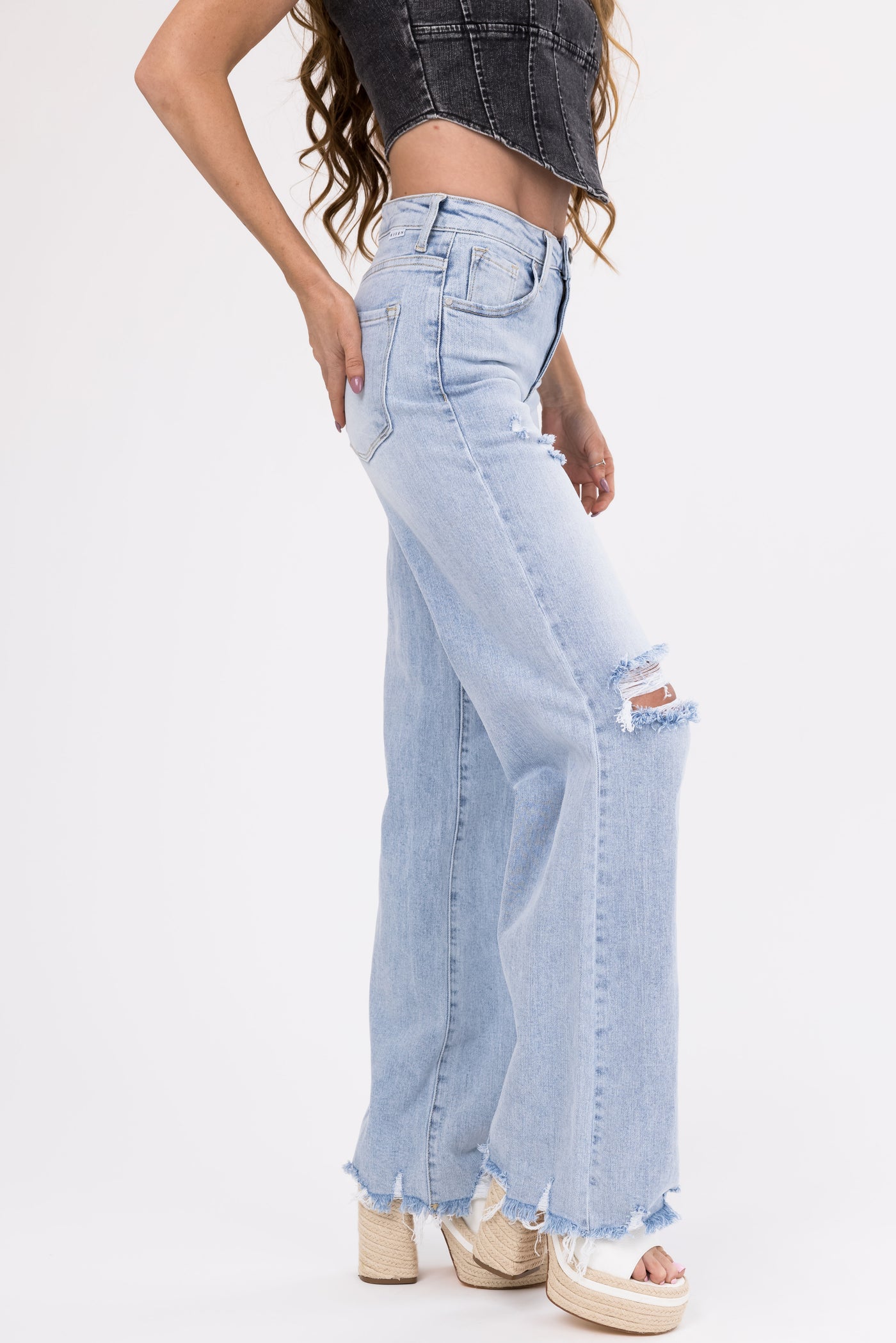Risen Light Wash Wide Leg Ripped Jeans