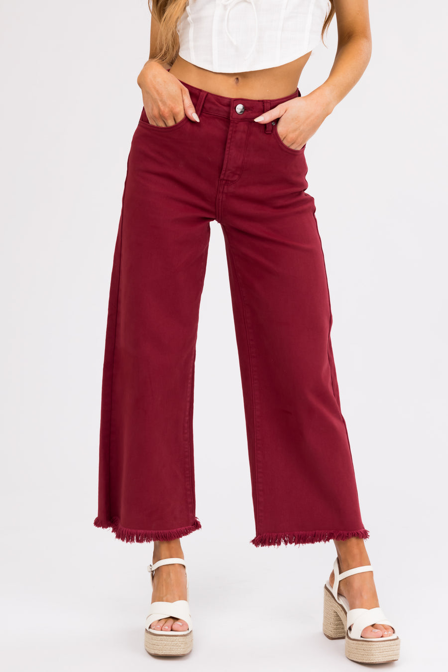 Risen Maroon Tummy Control Cropped Wide Jeans