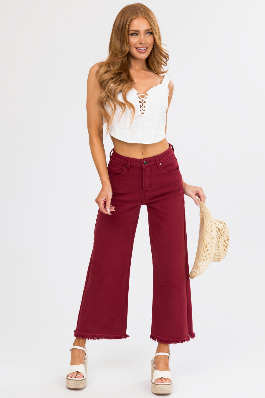 Risen Maroon Tummy Control Cropped Wide Jeans