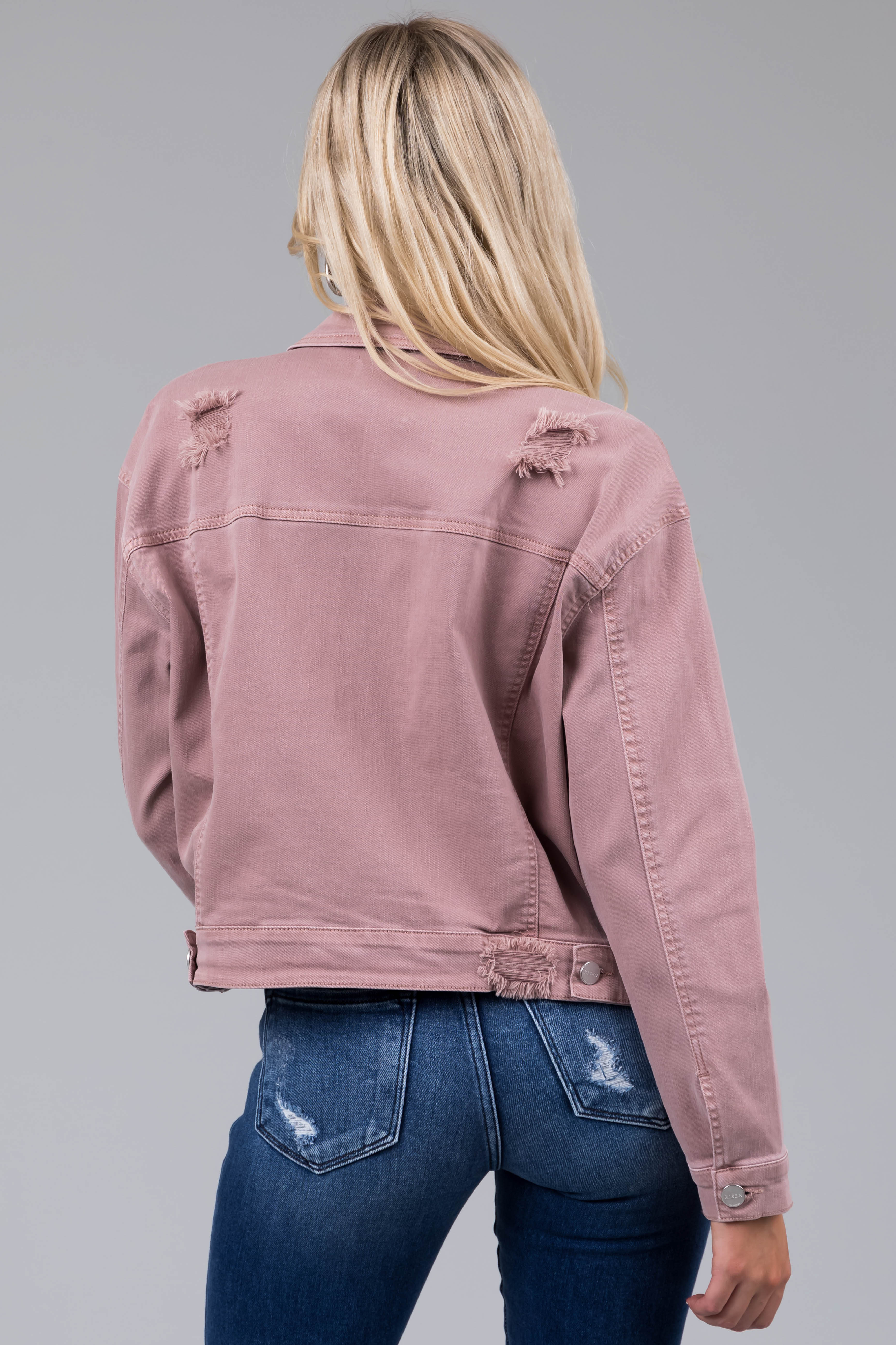 Risen Mauve Denim Distressed Button Up Jacket | Lime Lush