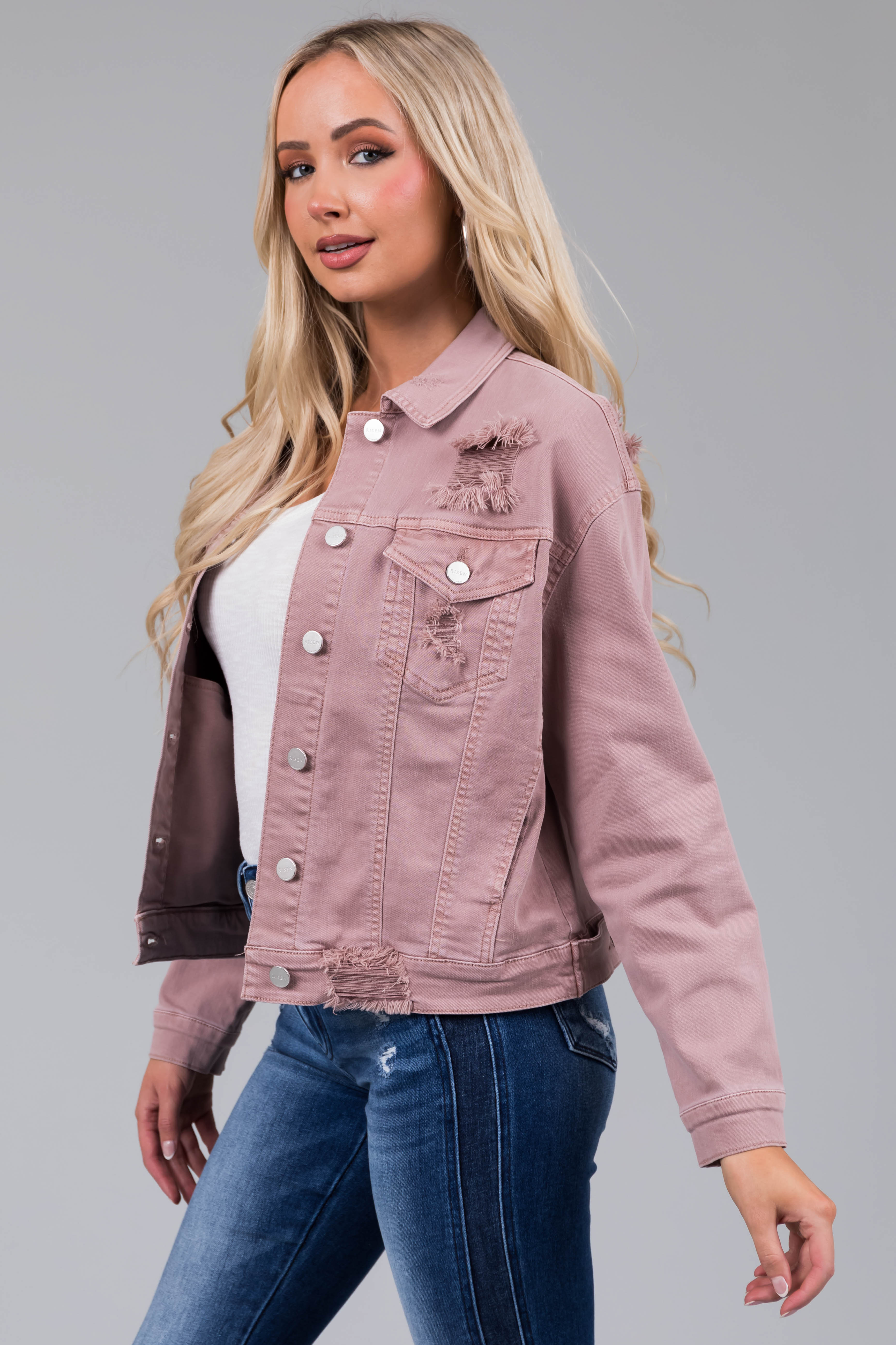 Pink button up best sale jacket