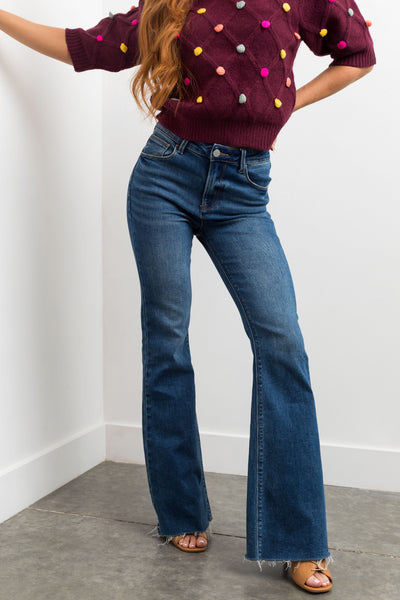Risen Medium High Rise Raw Hem Bootcut Jeans