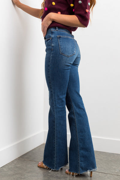 Risen Medium High Rise Raw Hem Bootcut Jeans