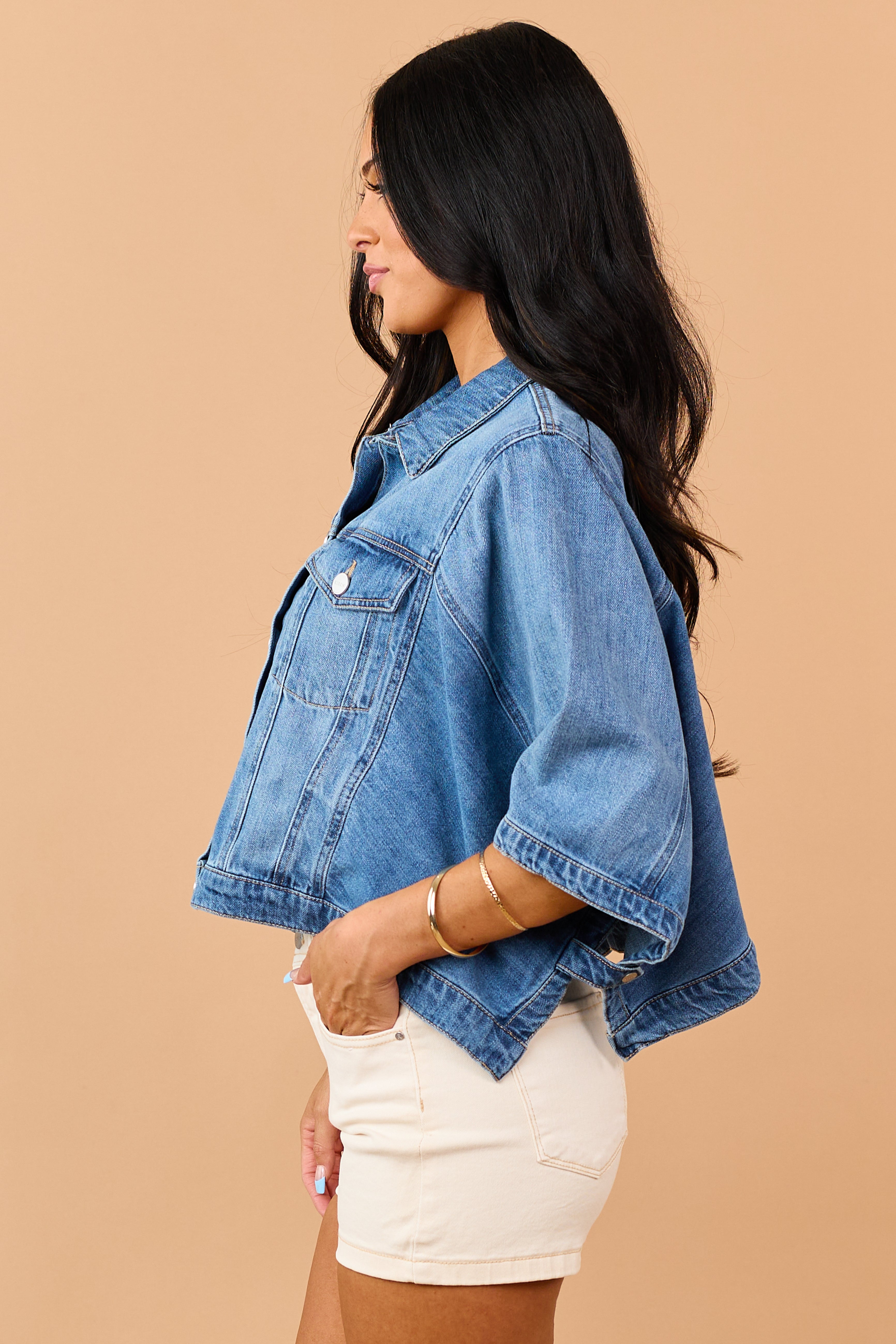Risen Medium Wash Denim Button Down Poncho Jacket