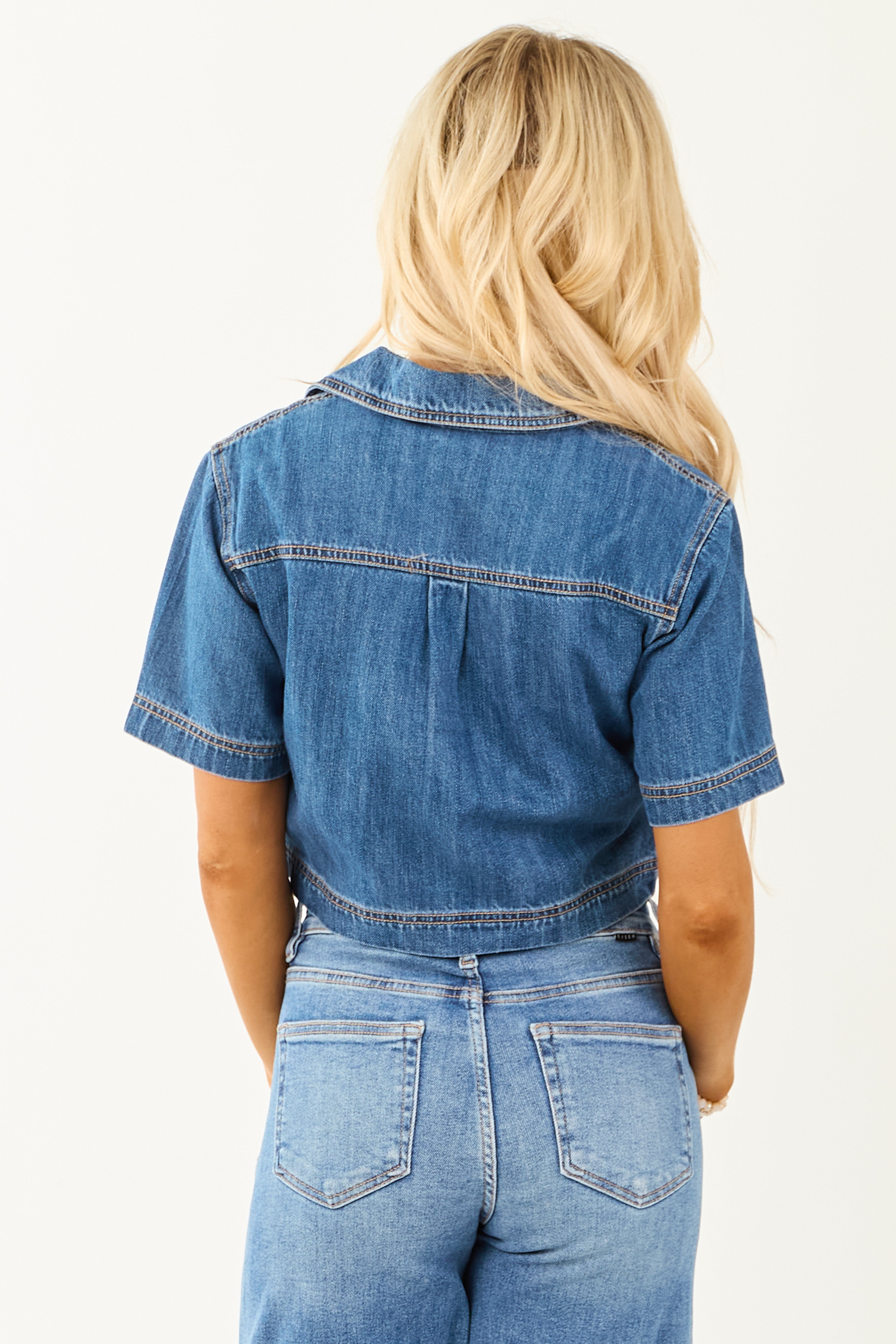 Risen Medium Wash Denim V Neck Short Sleeve Top | Lime Lush Boutique