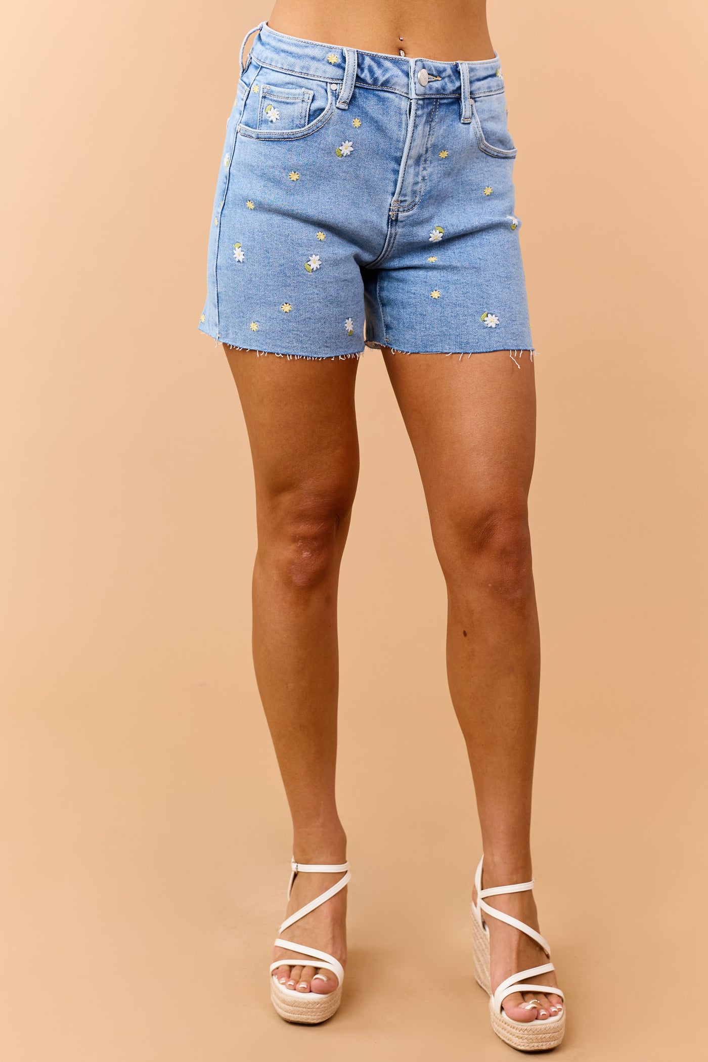 Risen Medium Wash Floral Embroidered Mini Shorts