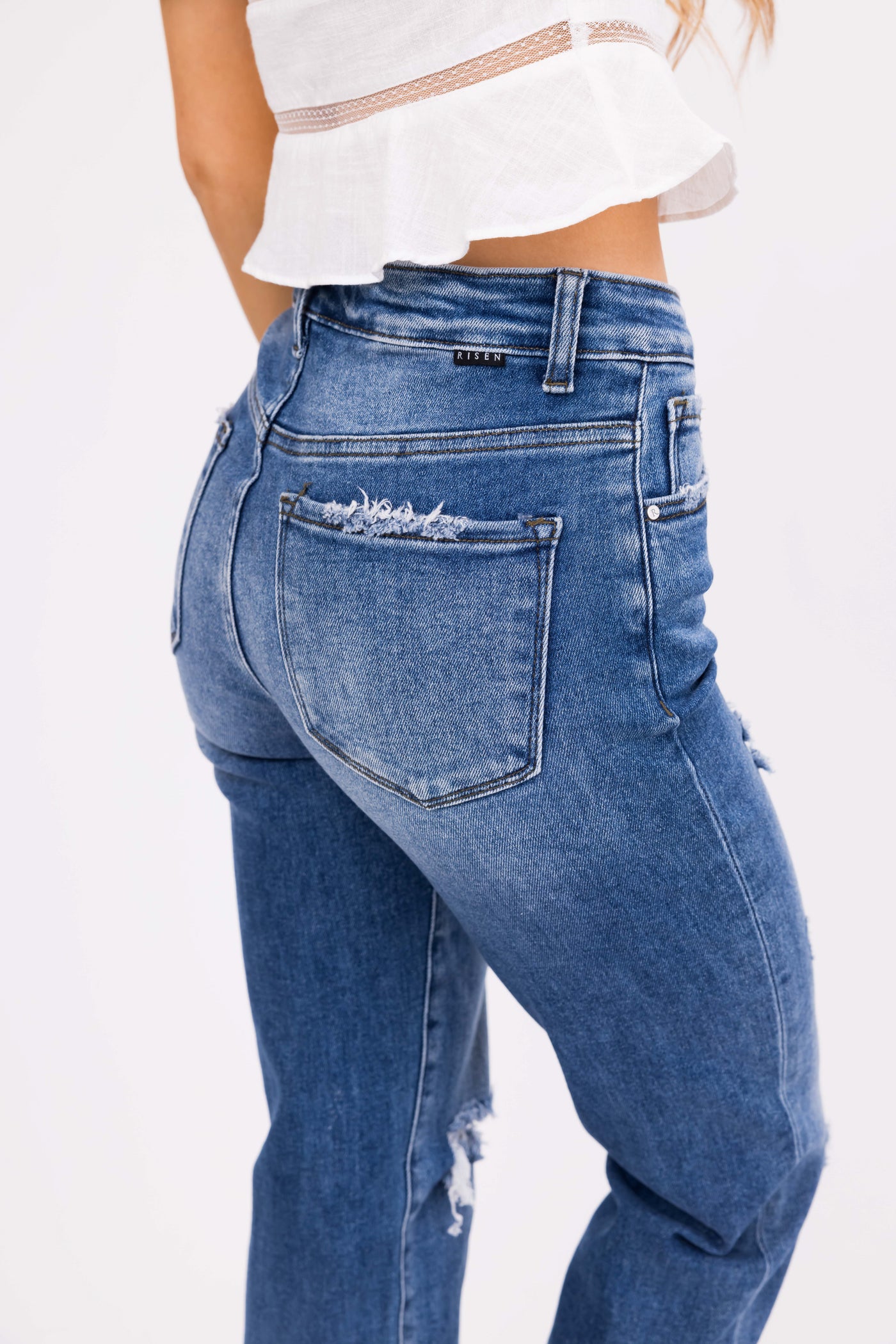 Risen Medium Wash Girlfriend Cropped Jeans