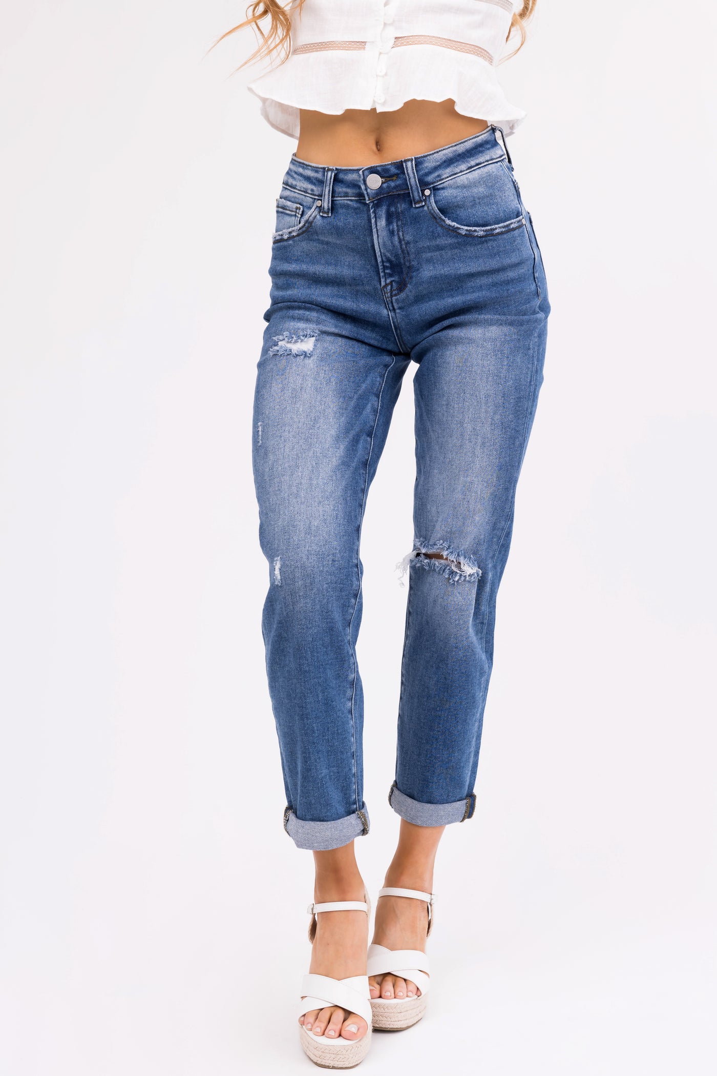 Risen Medium Wash Girlfriend Cropped Jeans