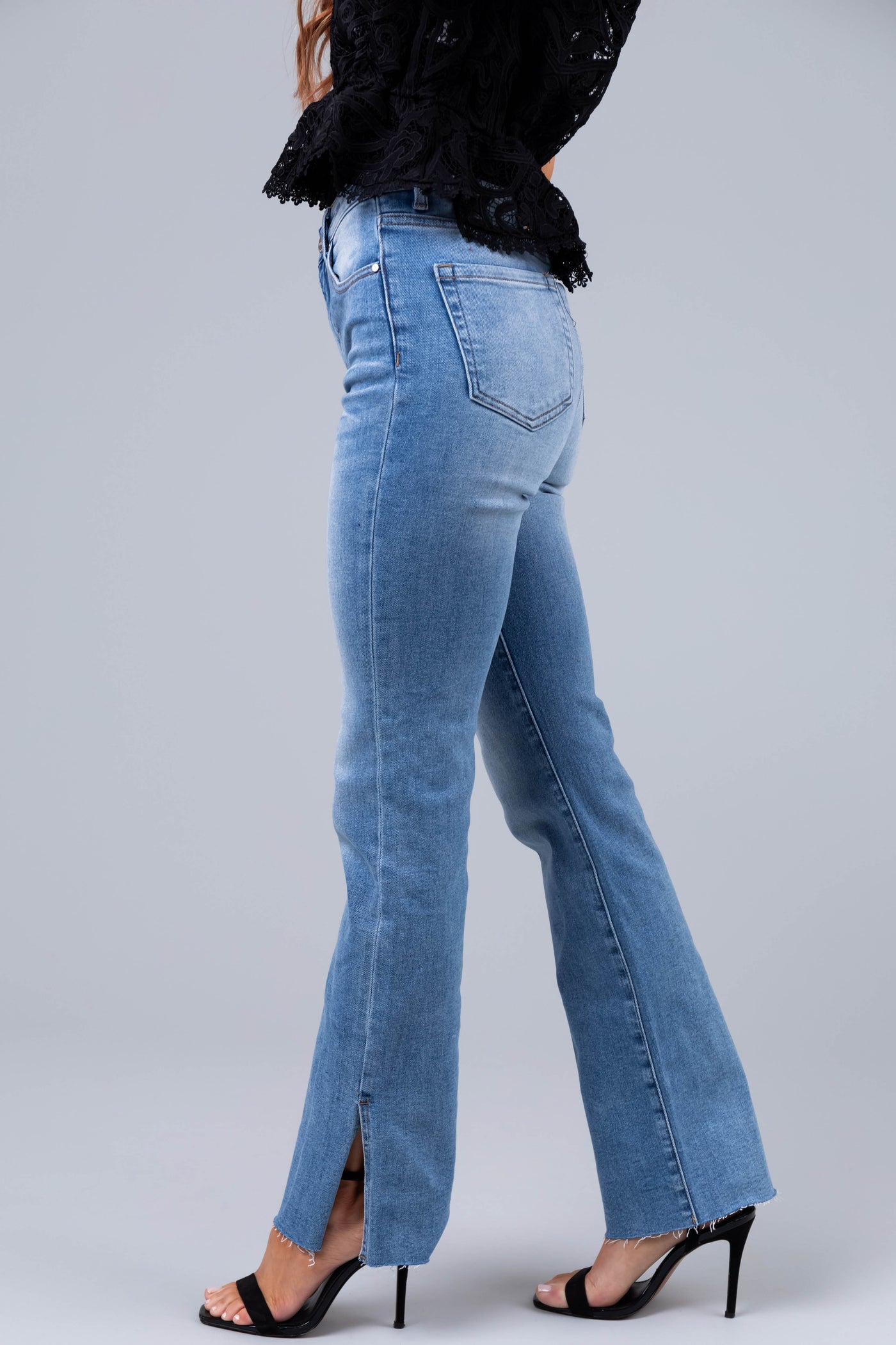 Risen Medium Wash Hem Split Straight Jeans