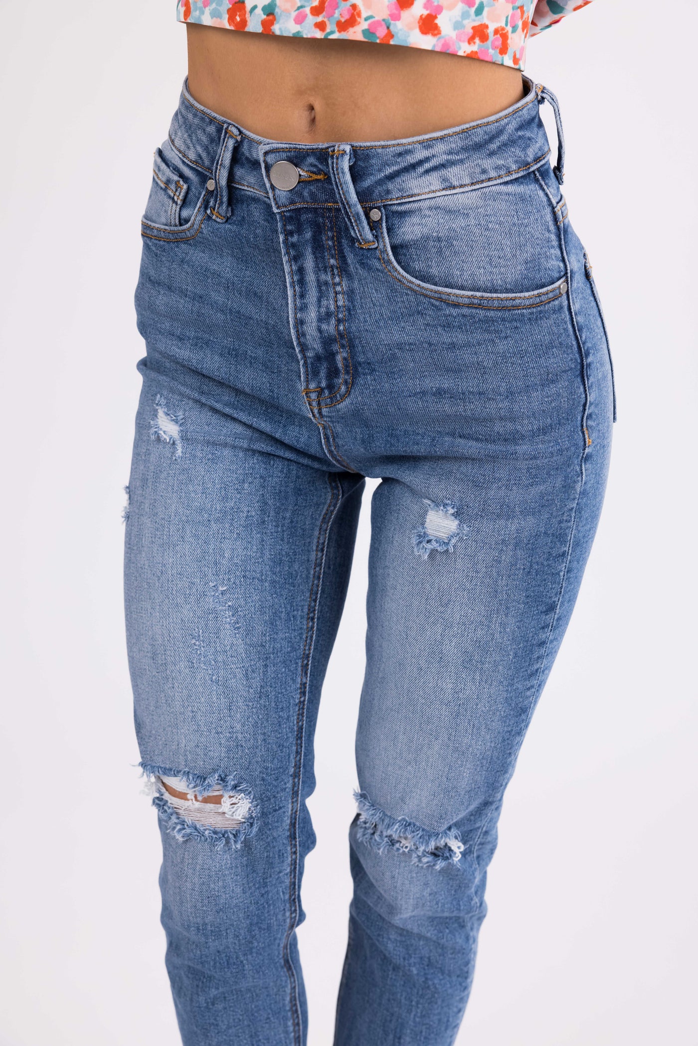 Risen Medium Wash High Rise Skinny Jeans