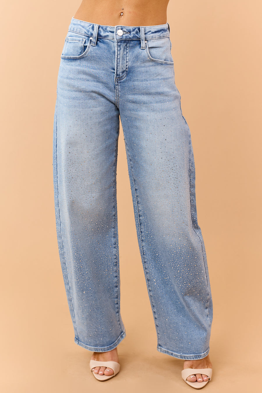 Risen Medium Wash Rhinestone Stretchy Barrel Jeans
