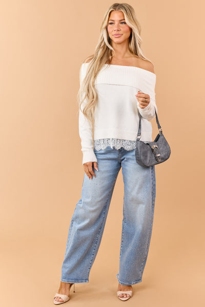 Risen Medium Wash Rhinestone Stretchy Barrel Jeans