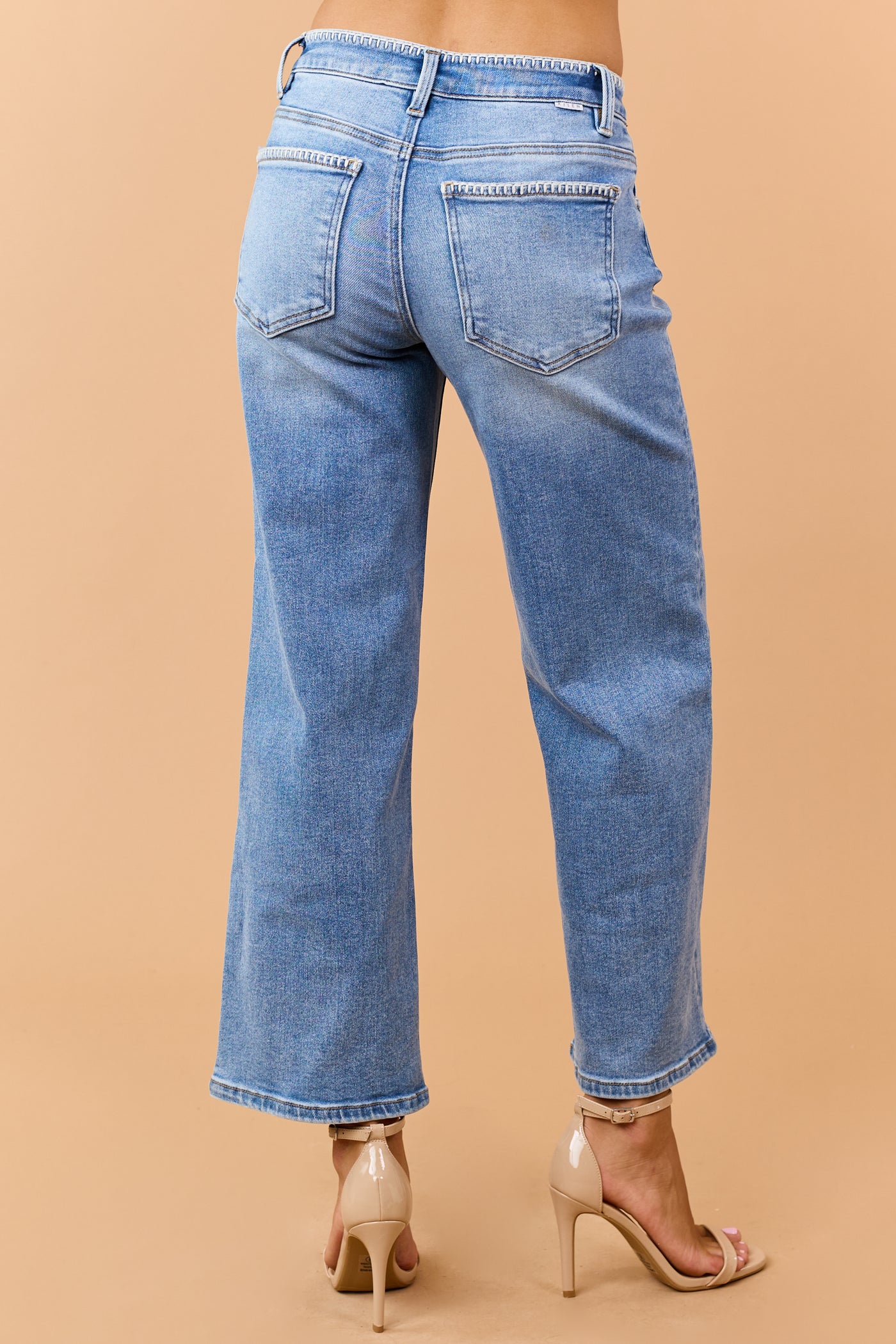 Risen Medium Wash Stitch Trim Wide Leg Jeans