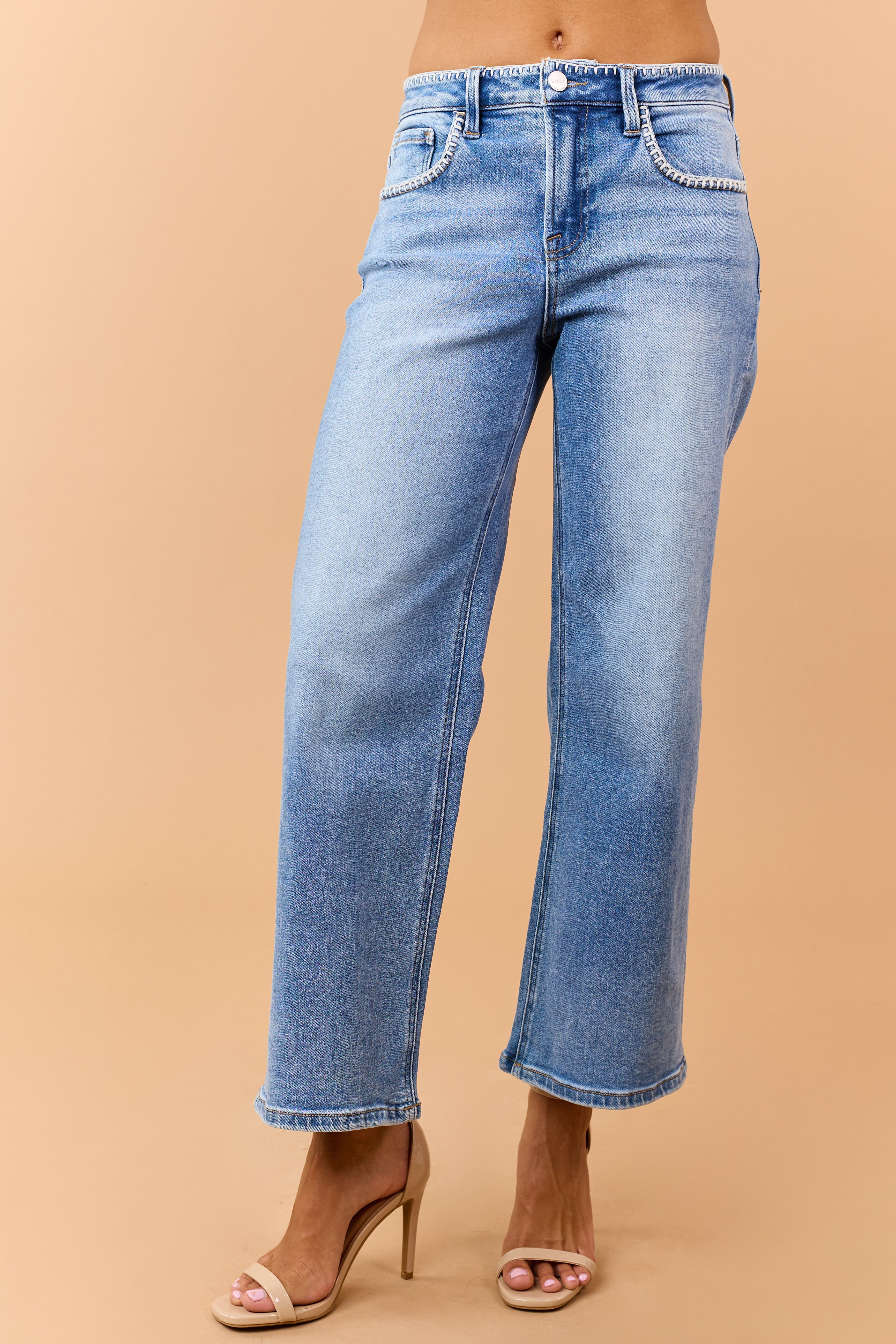 Risen Medium Wash Stitch Trim Wide Leg Jeans
