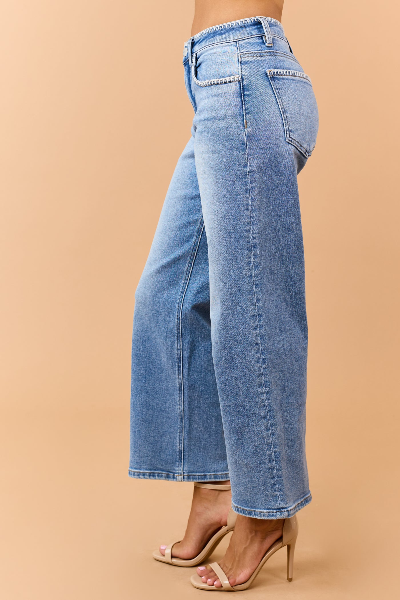 Risen Medium Wash Stitch Trim Wide Leg Jeans