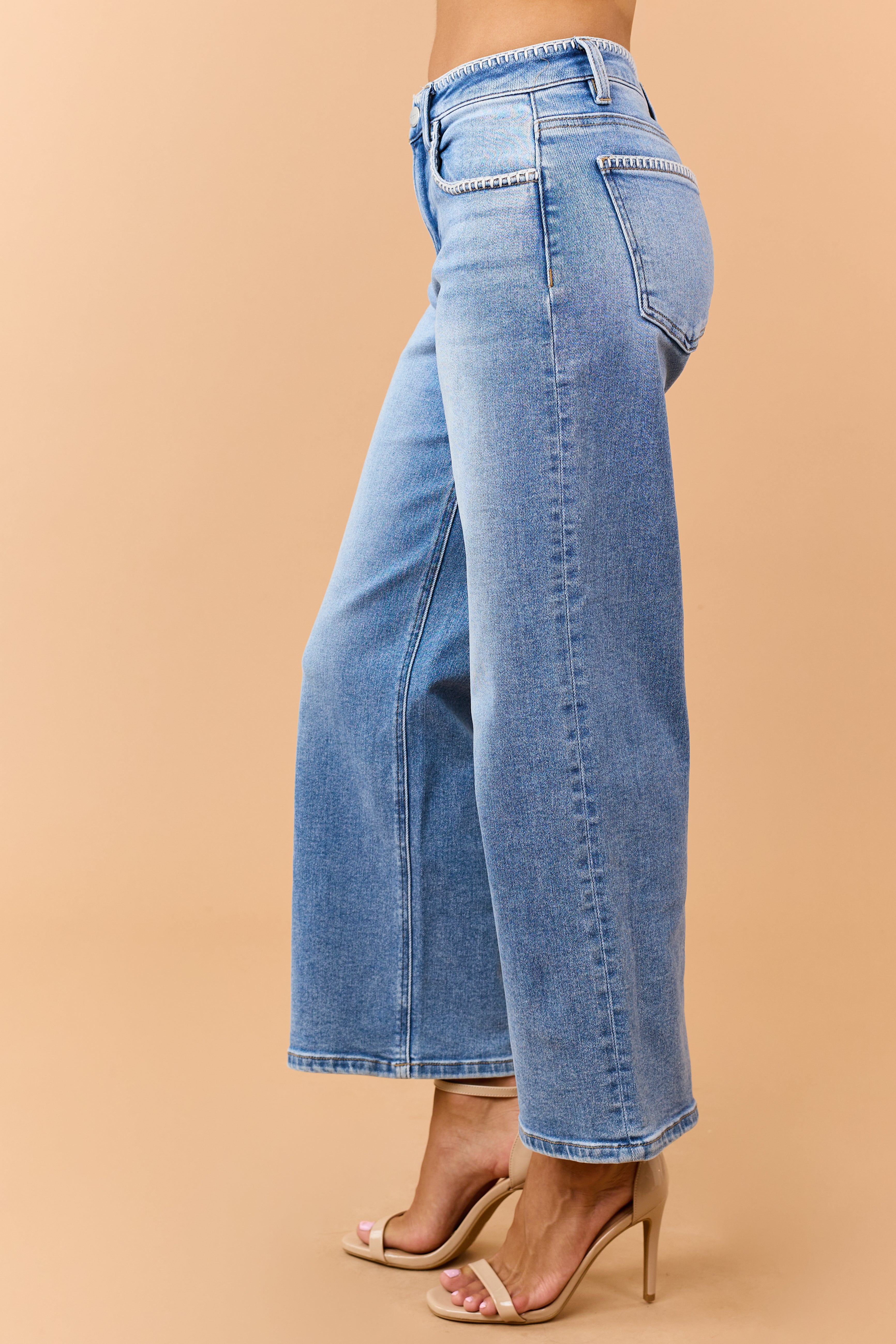 Risen Medium Wash Stitch Trim Wide Leg Jeans