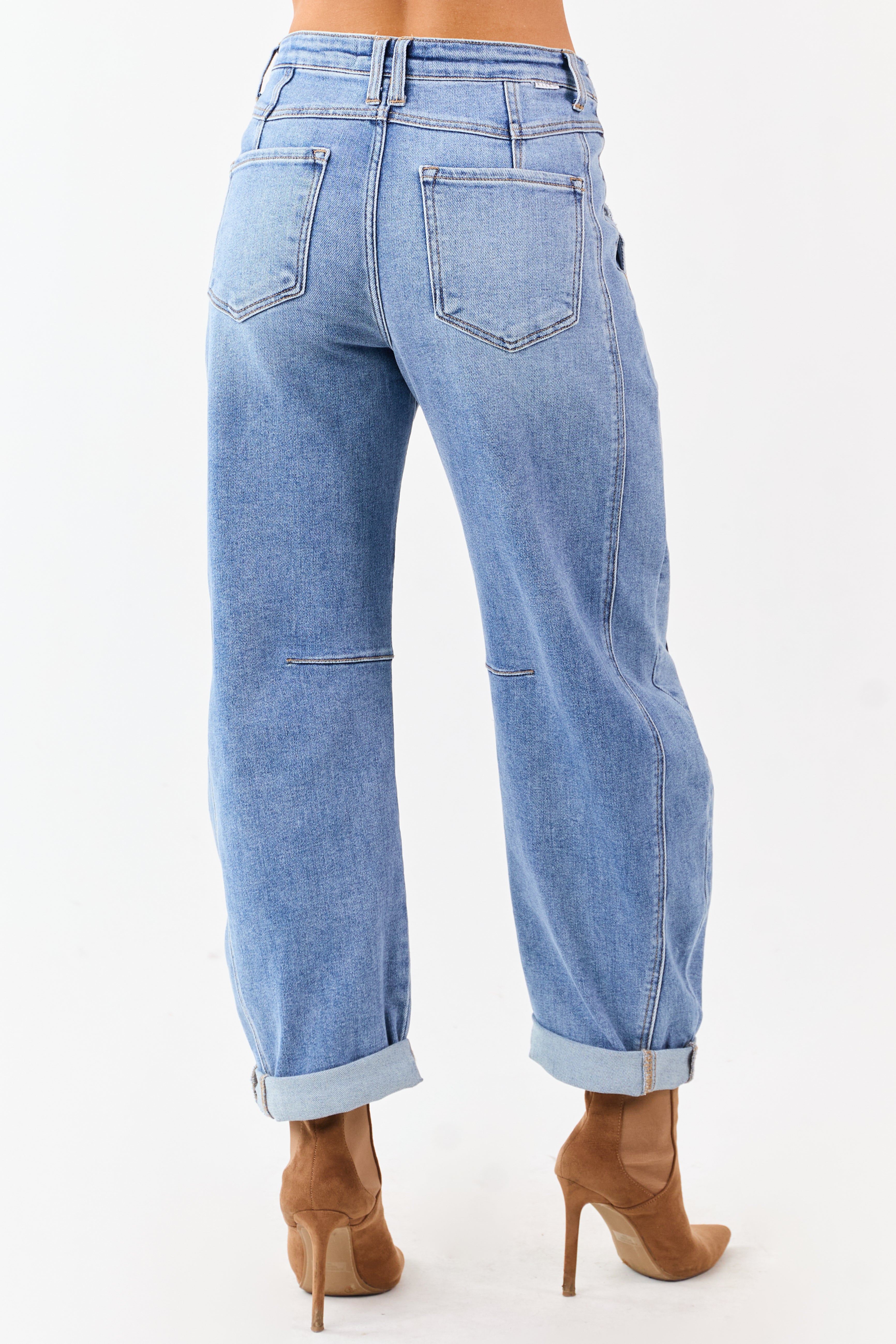 Risen Medium Wash Stretchy Cuffed Barrel Jeans