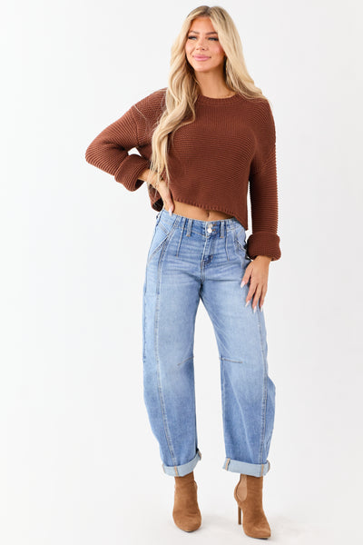 Risen Medium Wash Stretchy Cuffed Barrel Jeans
