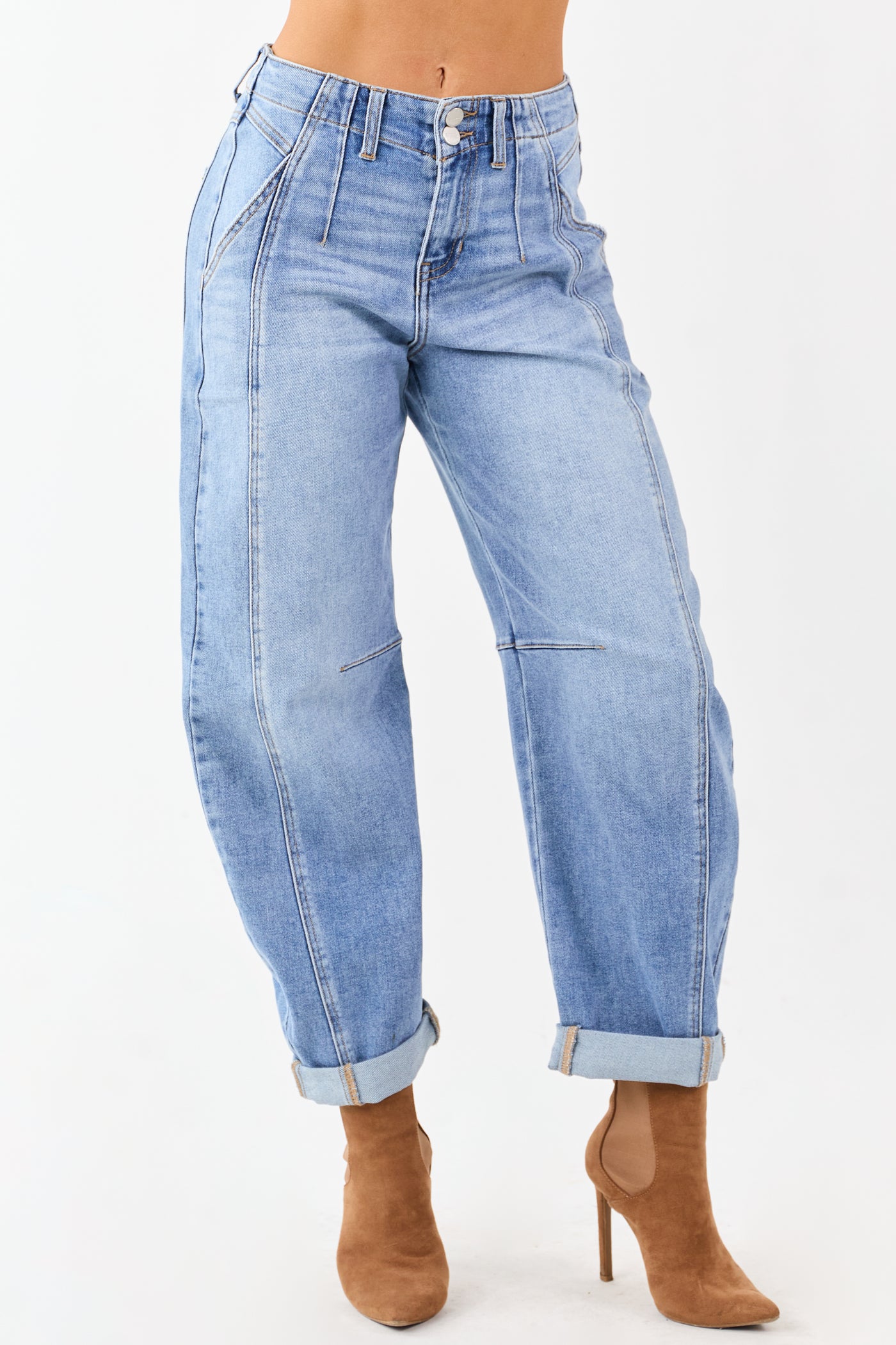 Risen Medium Wash Stretchy Cuffed Barrel Jeans