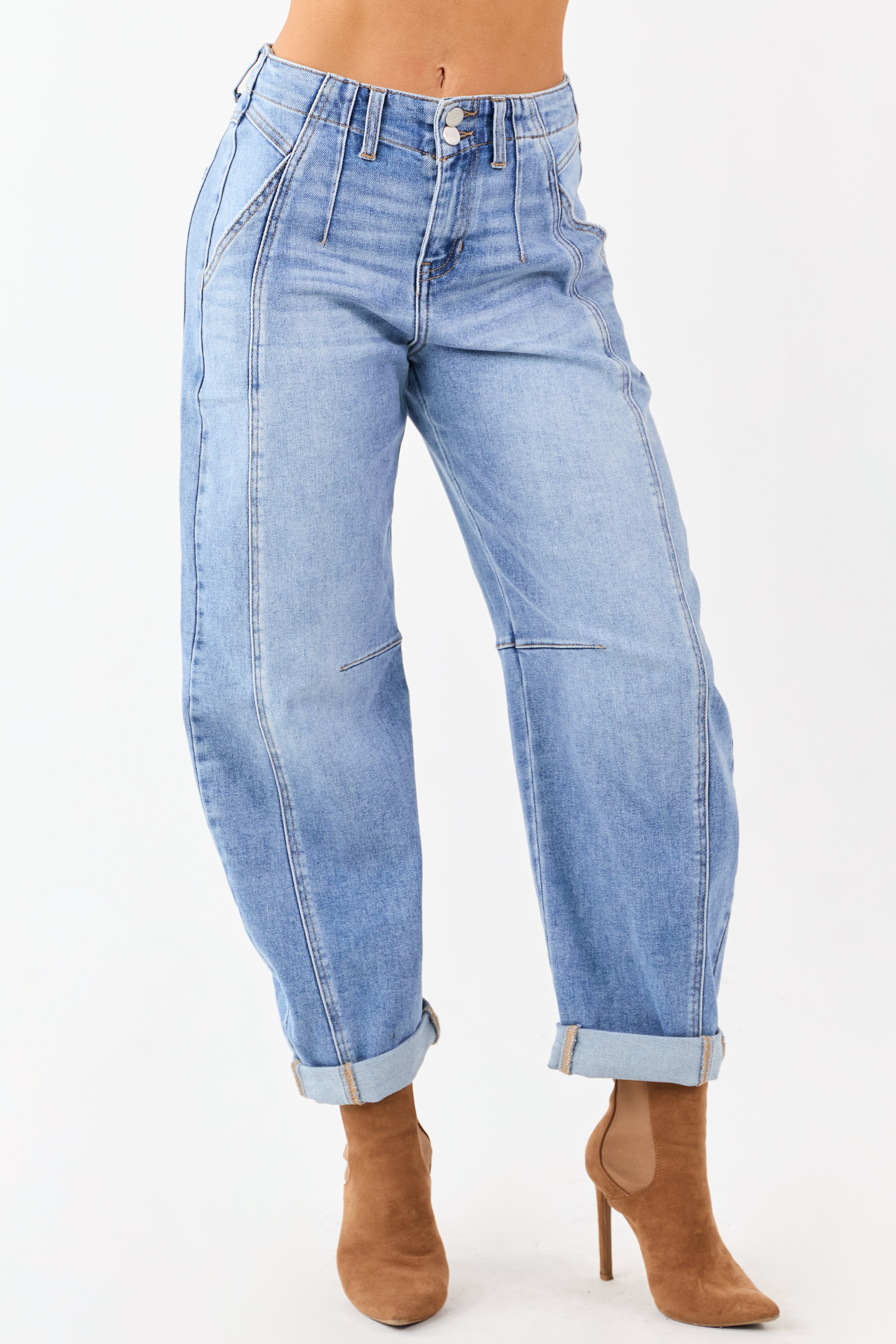 Risen Medium Wash Stretchy Cuffed Barrel Jeans