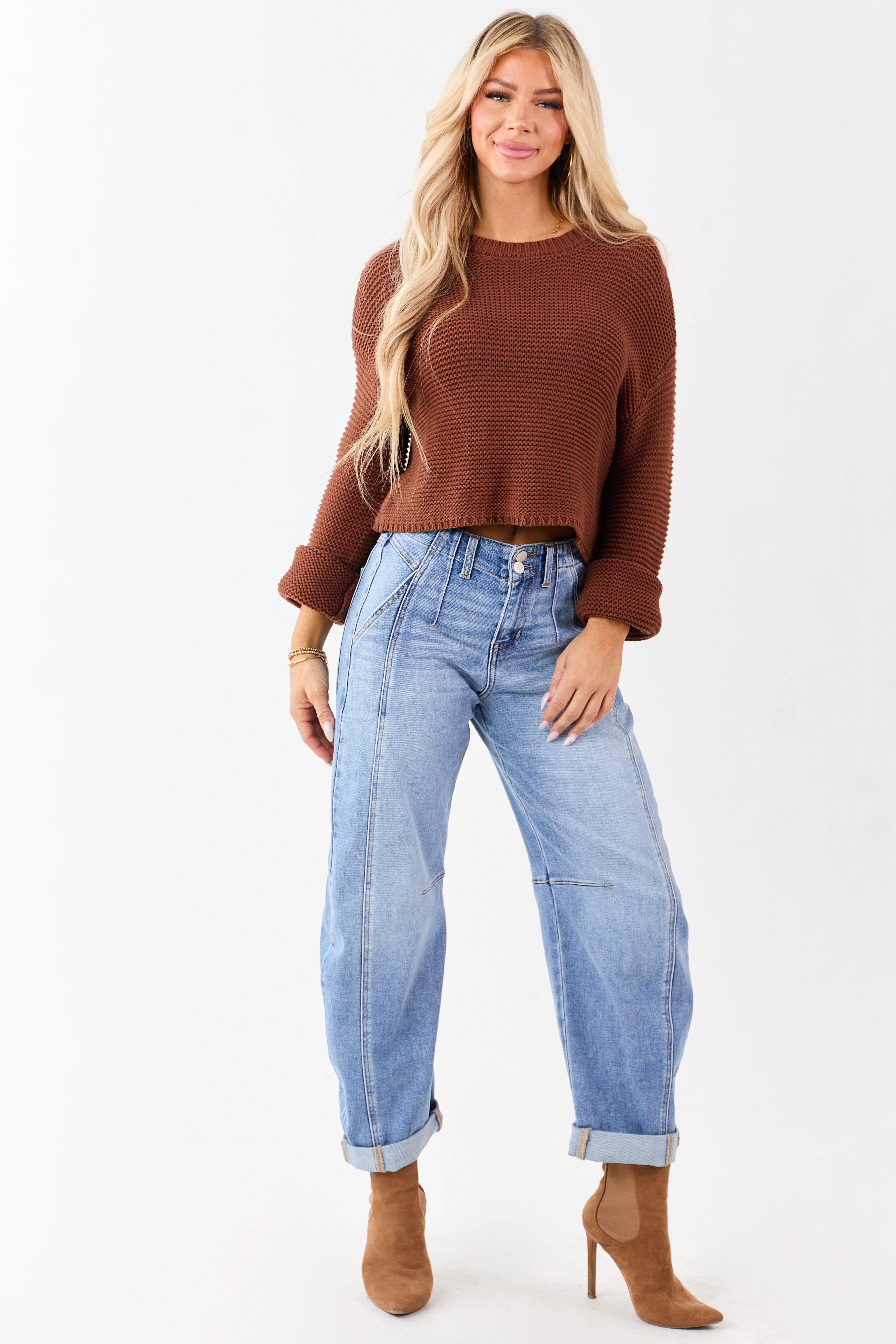 Risen Medium Wash Stretchy Cuffed Barrel Jeans
