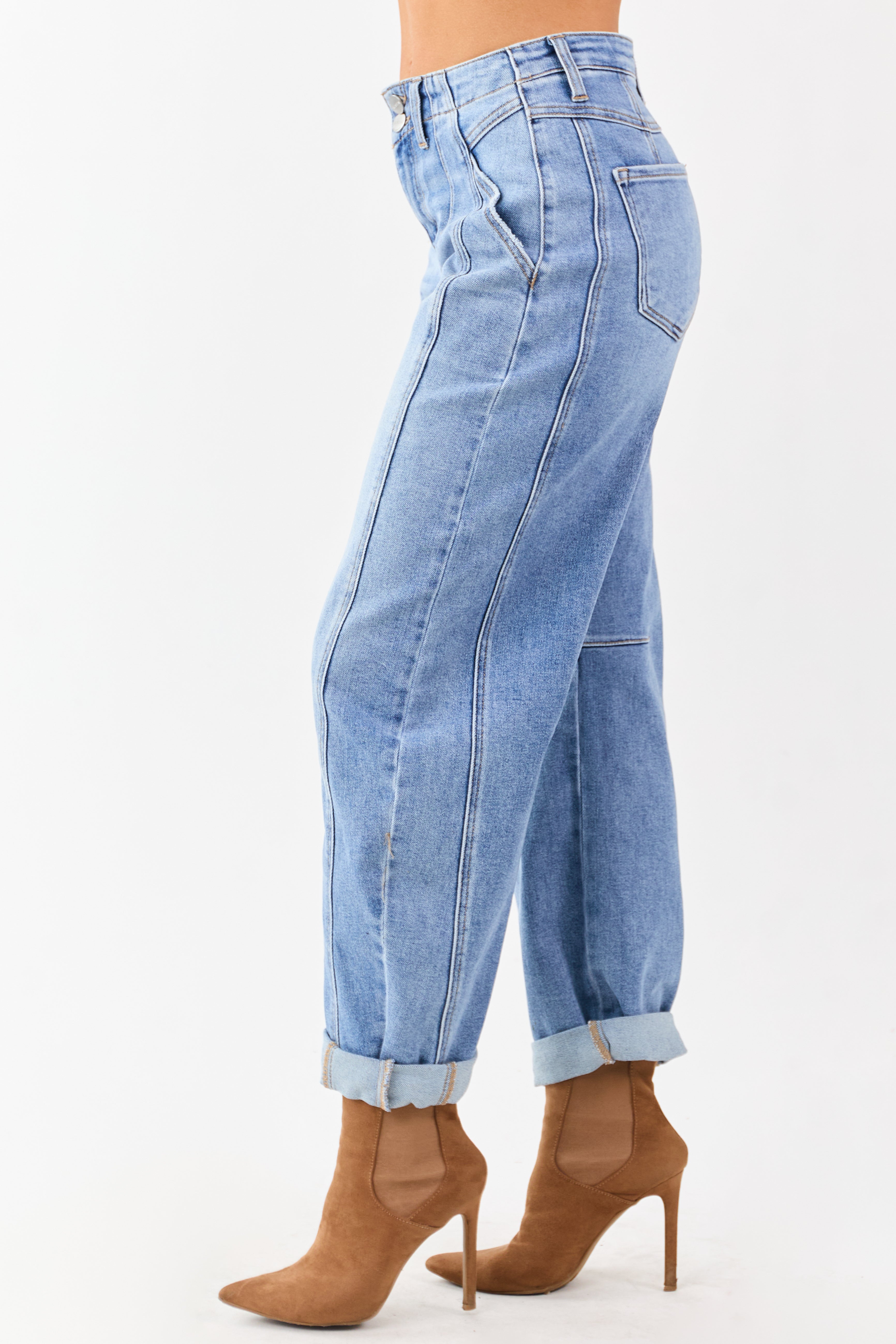 Risen Medium Wash Stretchy Cuffed Barrel Jeans