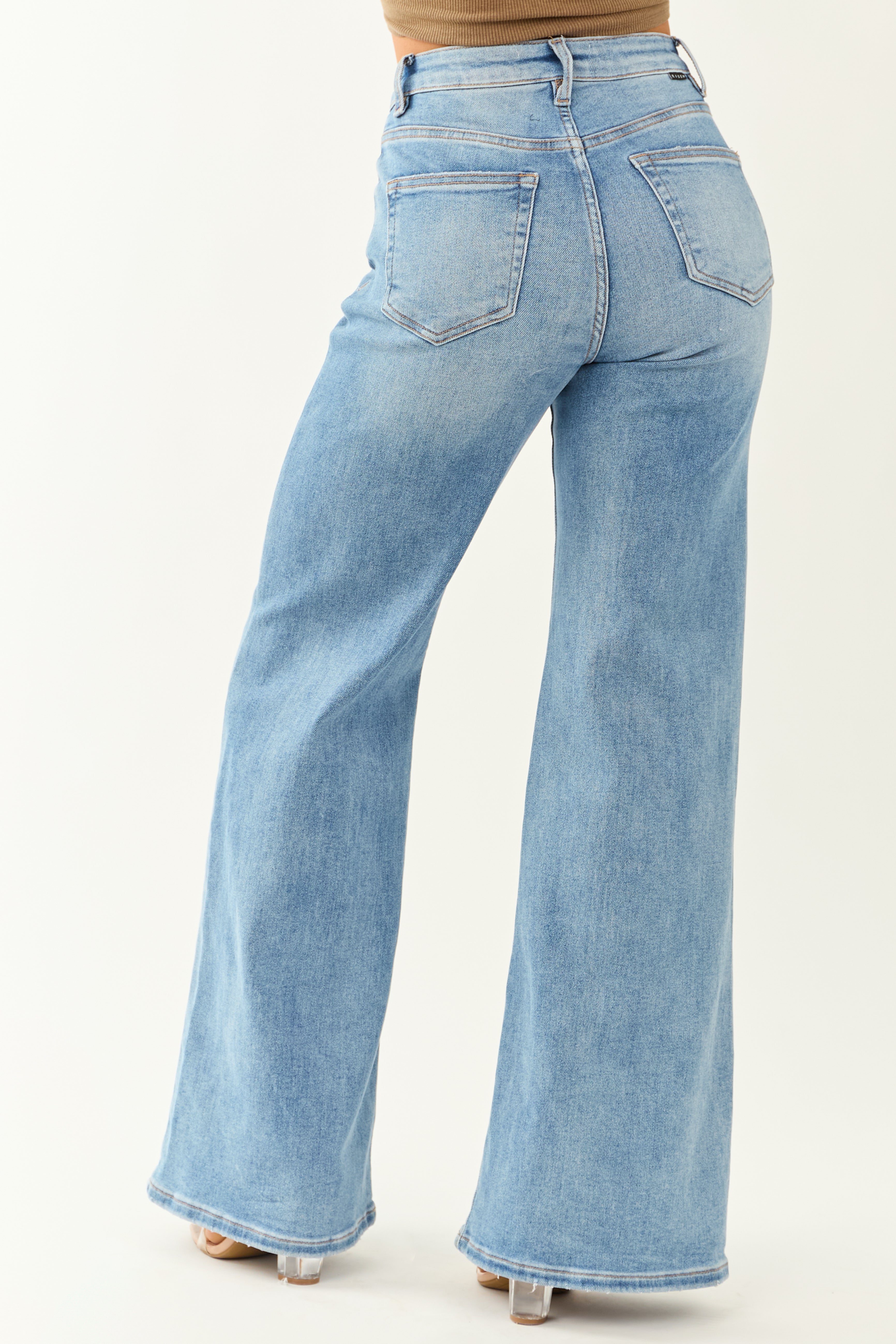 Risen Medium Wash Waist V Stitch Stretchy Wide Jeans