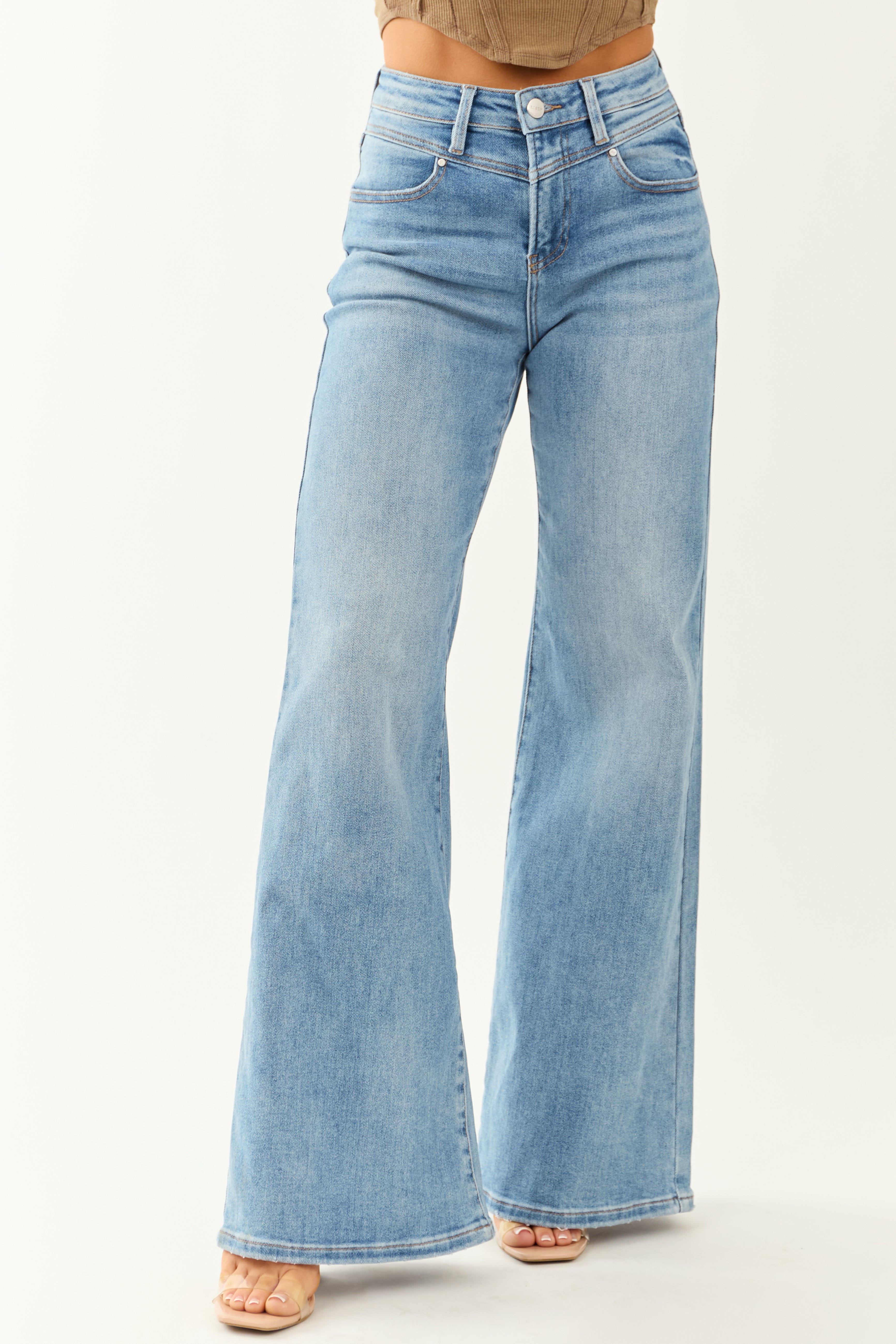 Risen Medium Wash Waist V Stitch Stretchy Wide Jeans