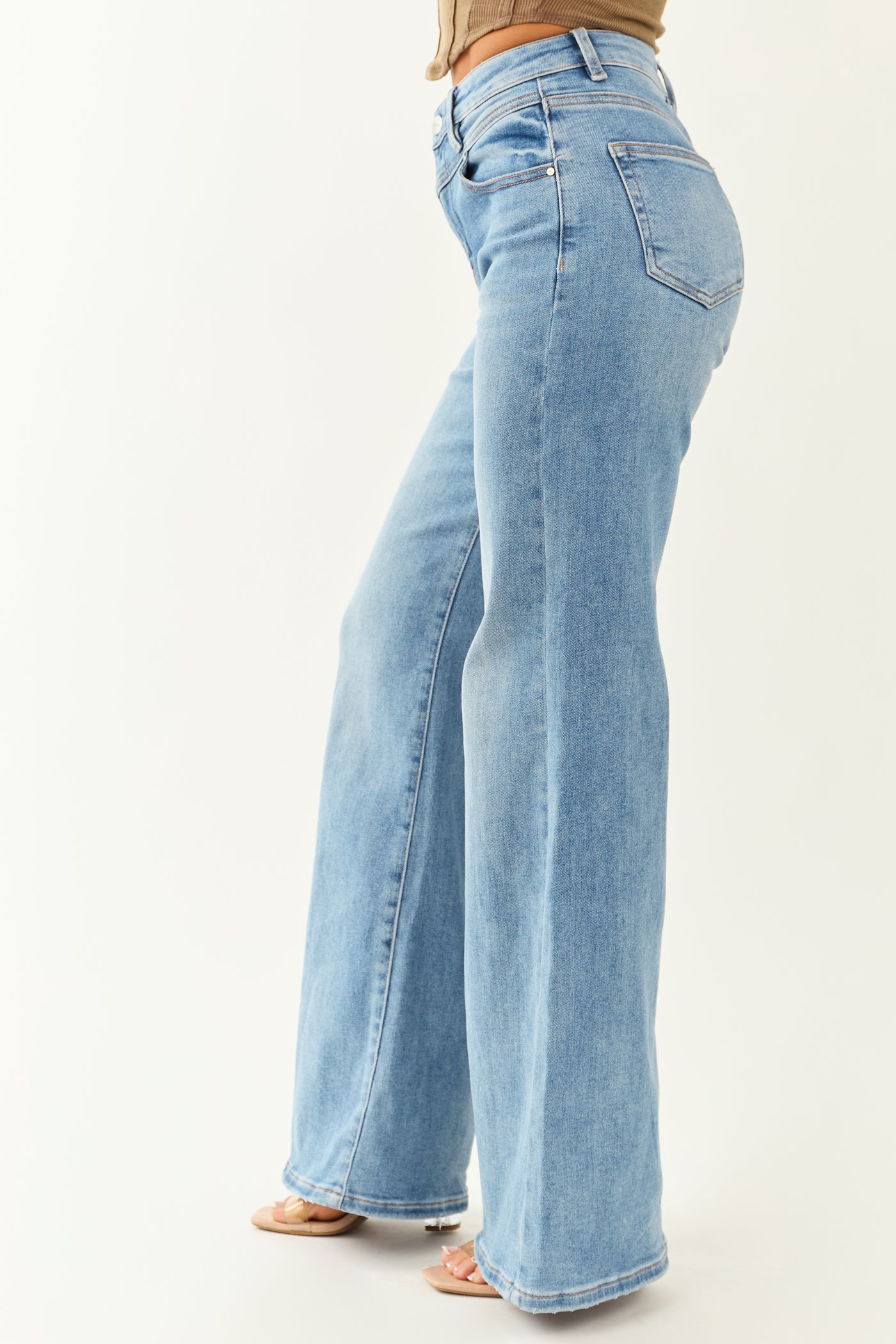Risen Medium Wash Waist V Stitch Stretchy Wide Jeans