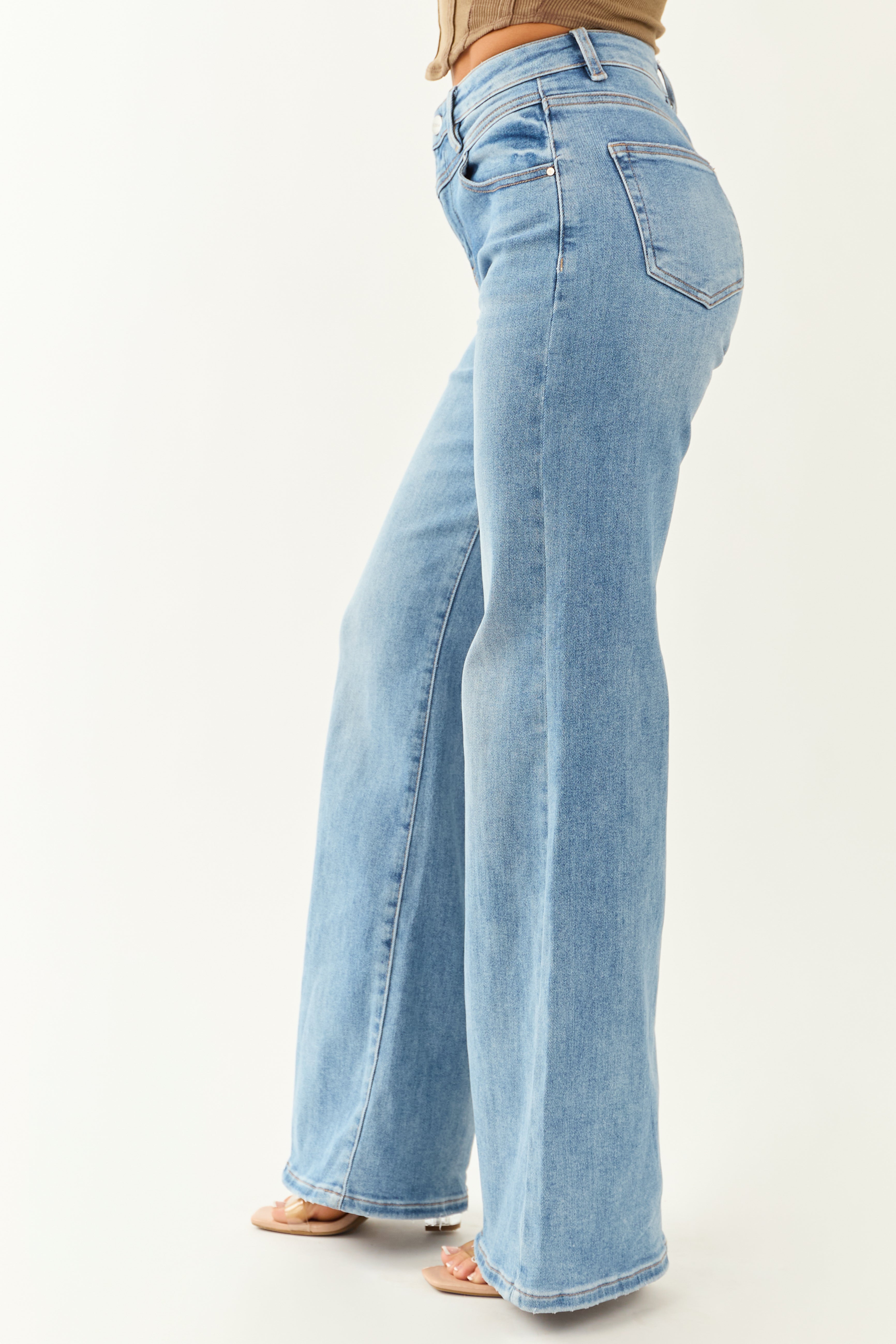 Risen Medium Wash Waist V Stitch Stretchy Wide Jeans
