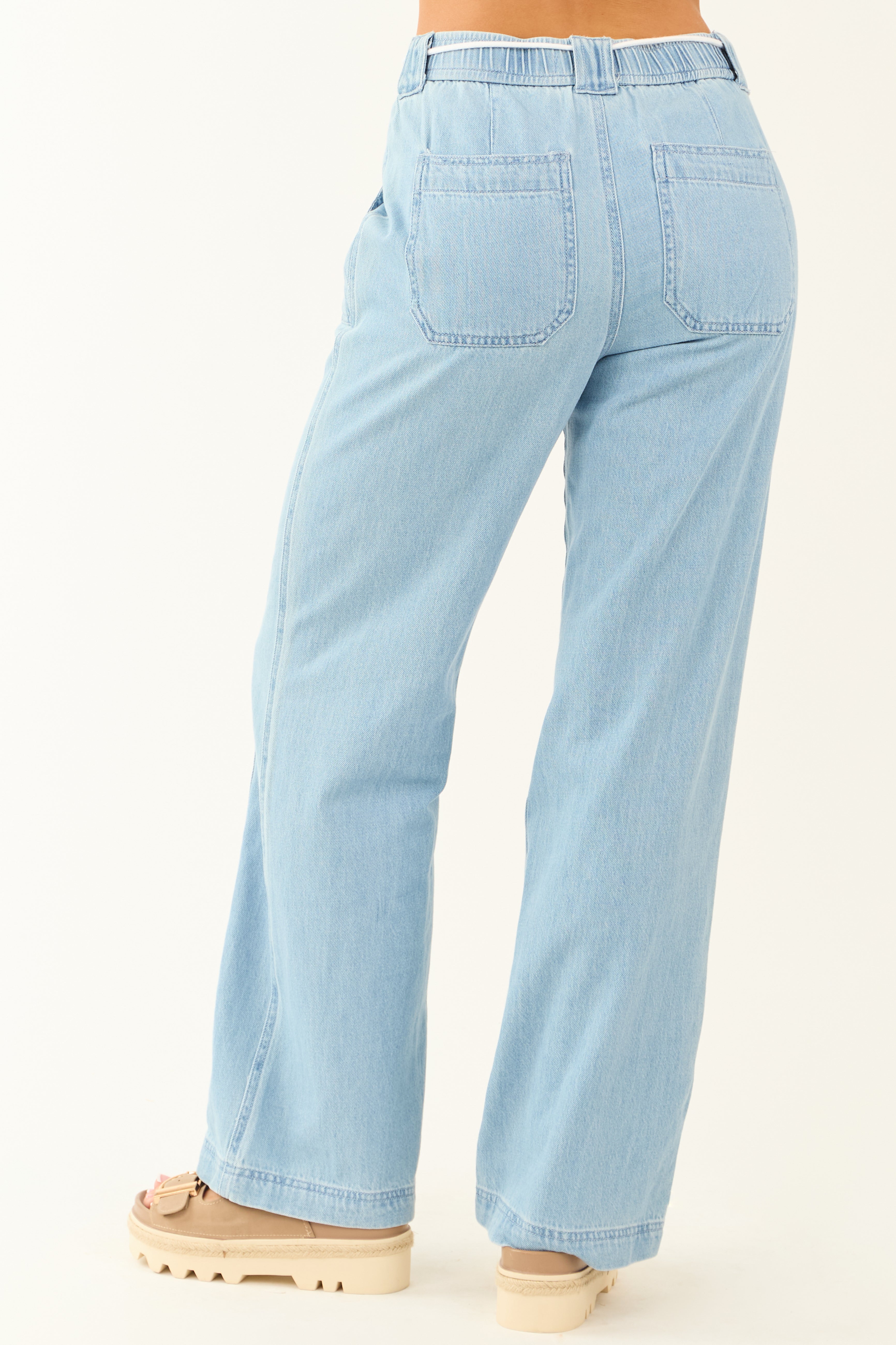 【Anyone more】Rition Back Pocket Wash Wide Pants Risen Light Wash Wide Leg Waist Tie Jeans | Lime Lush Boutique