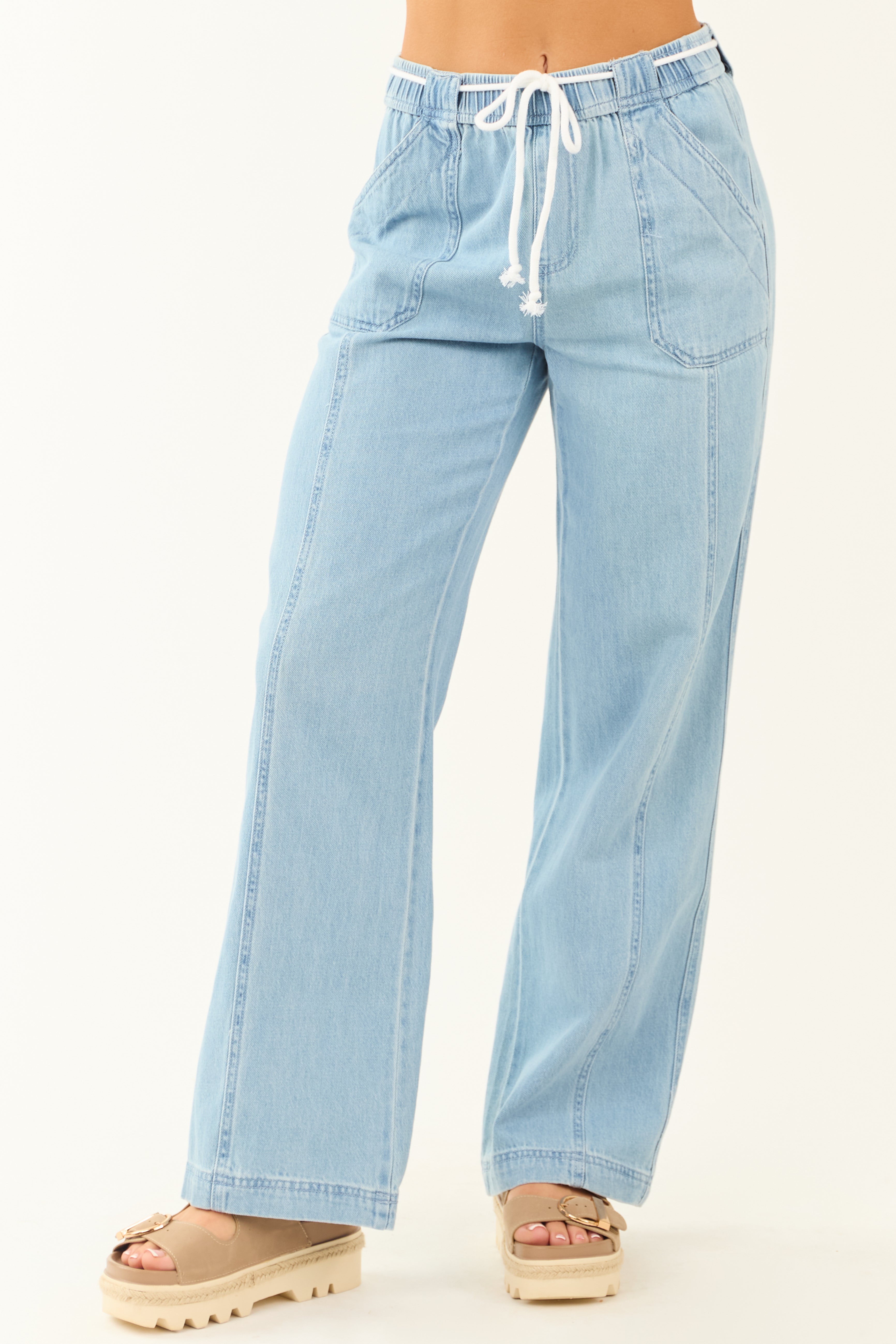Risen Light Wash Wide Leg Waist Tie Jeans | Lime Lush Boutique