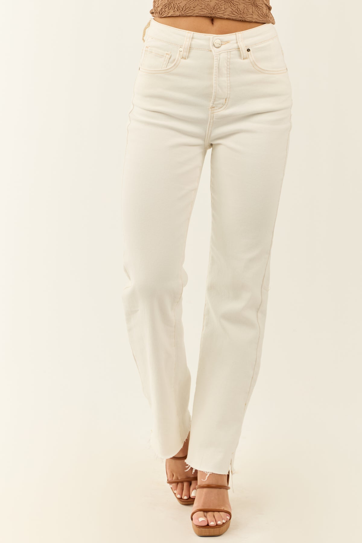 Risen Off White Stretchy Straight Leg Raw Hem Jeans | Lime Lush 