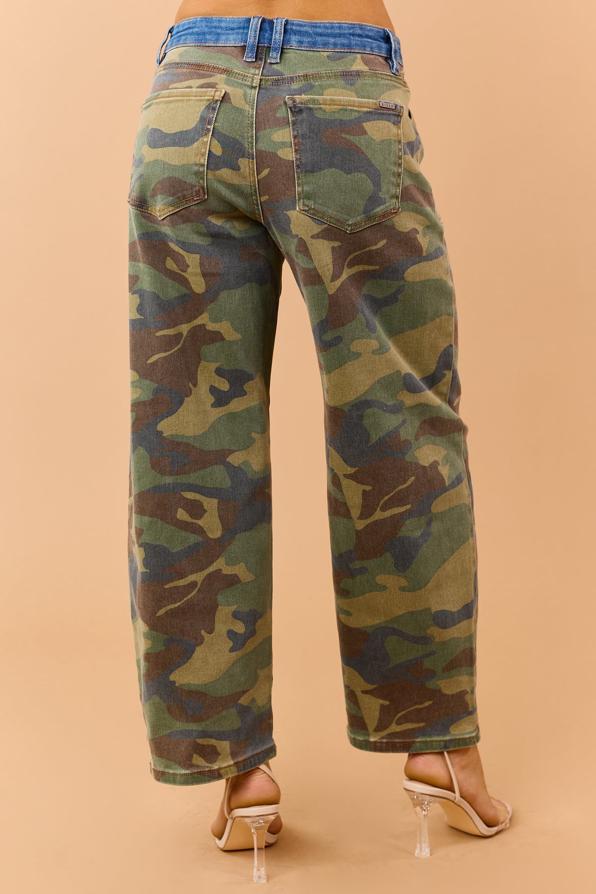 Risen Olive Camo Contrast Waist Slouchy Barrel Jeans