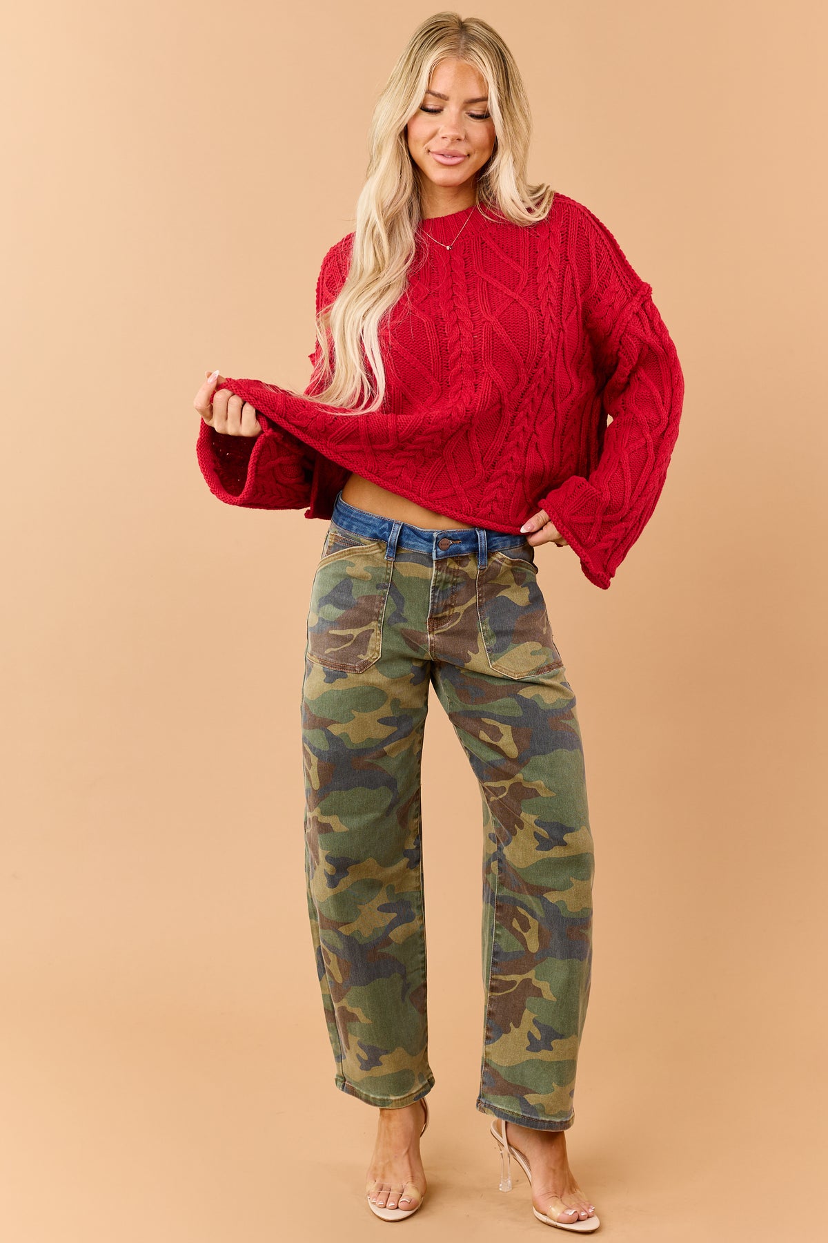 Risen Olive Camo Contrast Waist Slouchy Barrel Jeans