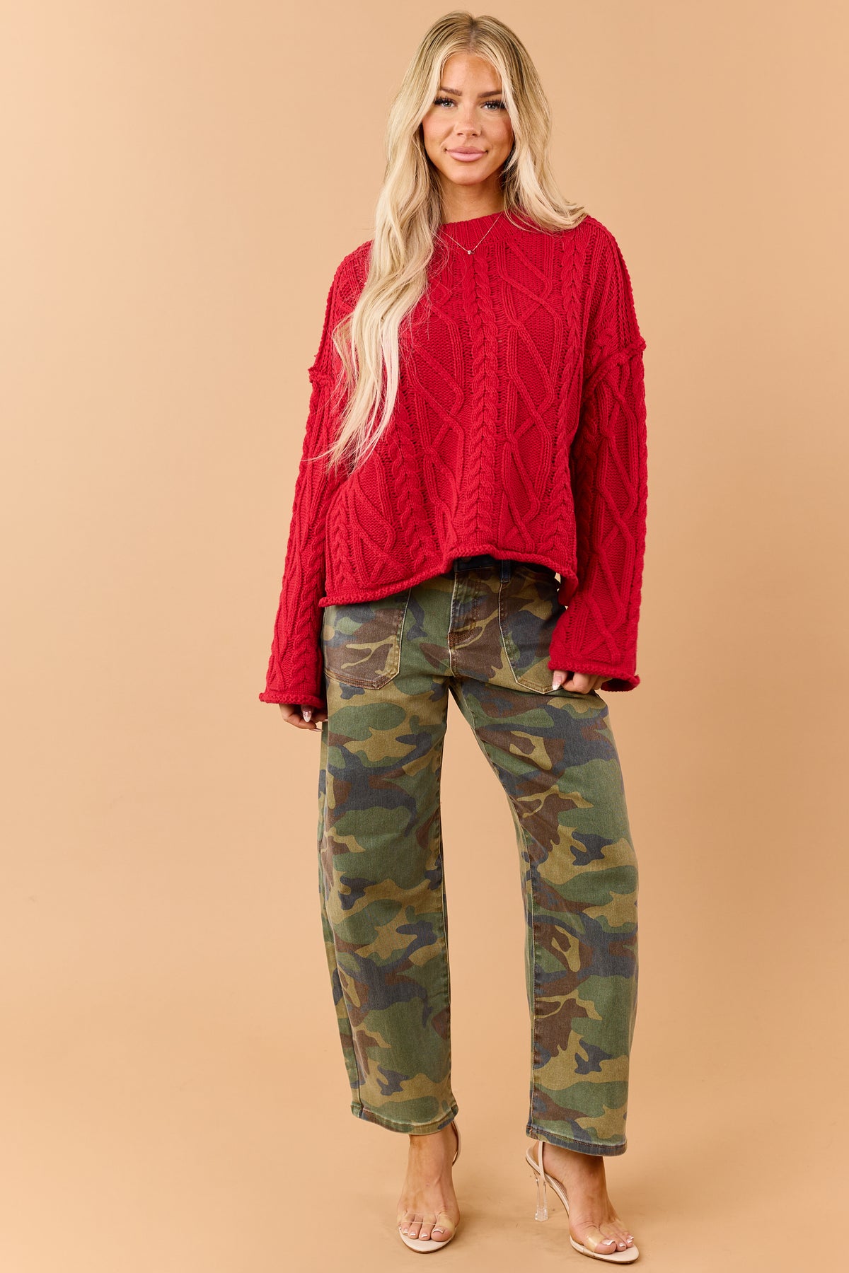 Risen Olive Camo Contrast Waist Slouchy Barrel Jeans