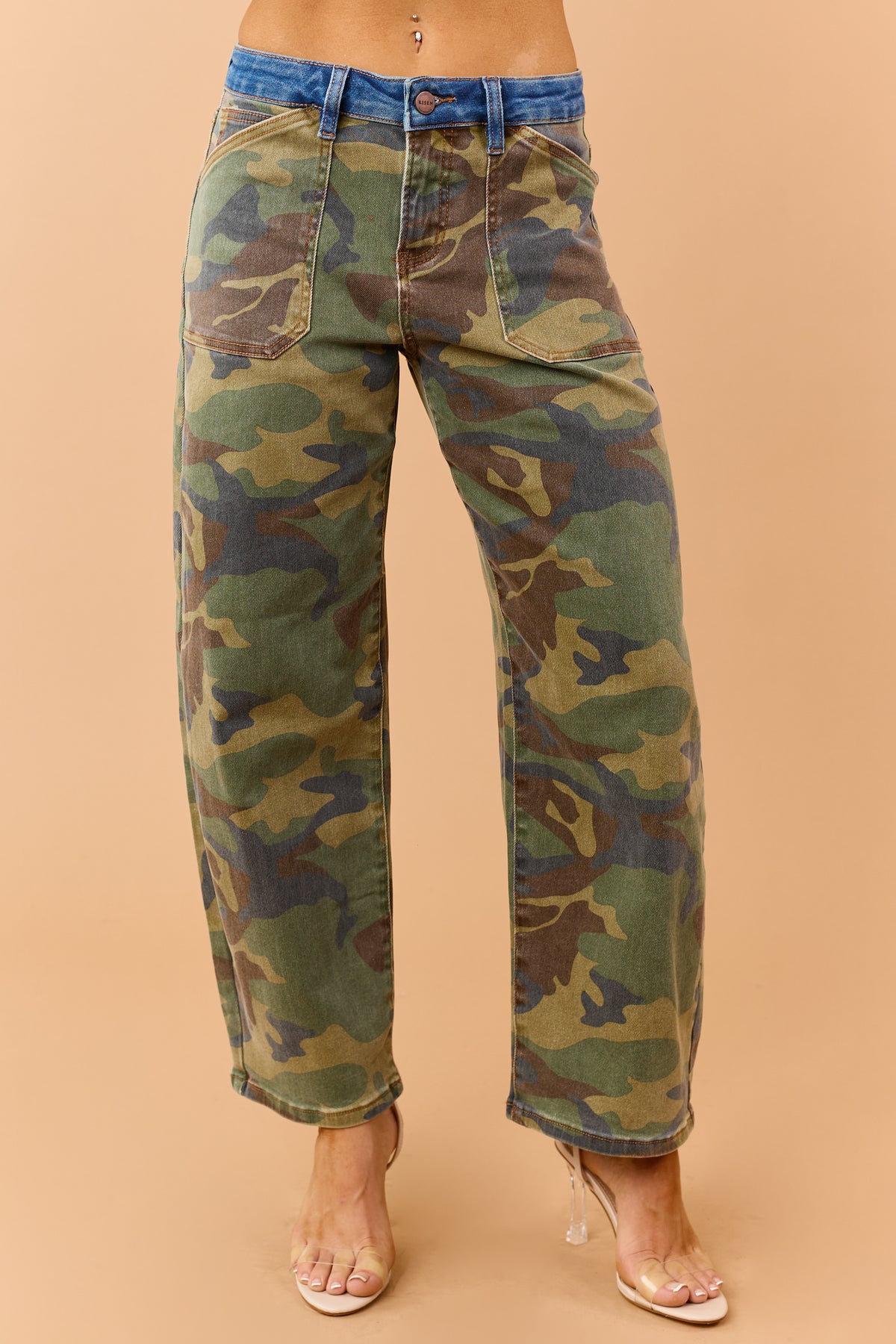 Risen Olive Camo Contrast Waist Slouchy Barrel Jeans